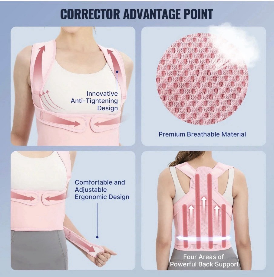 Pink Adjustable Ergonomic Posture Corrector Back Brace Size L Breathable Support