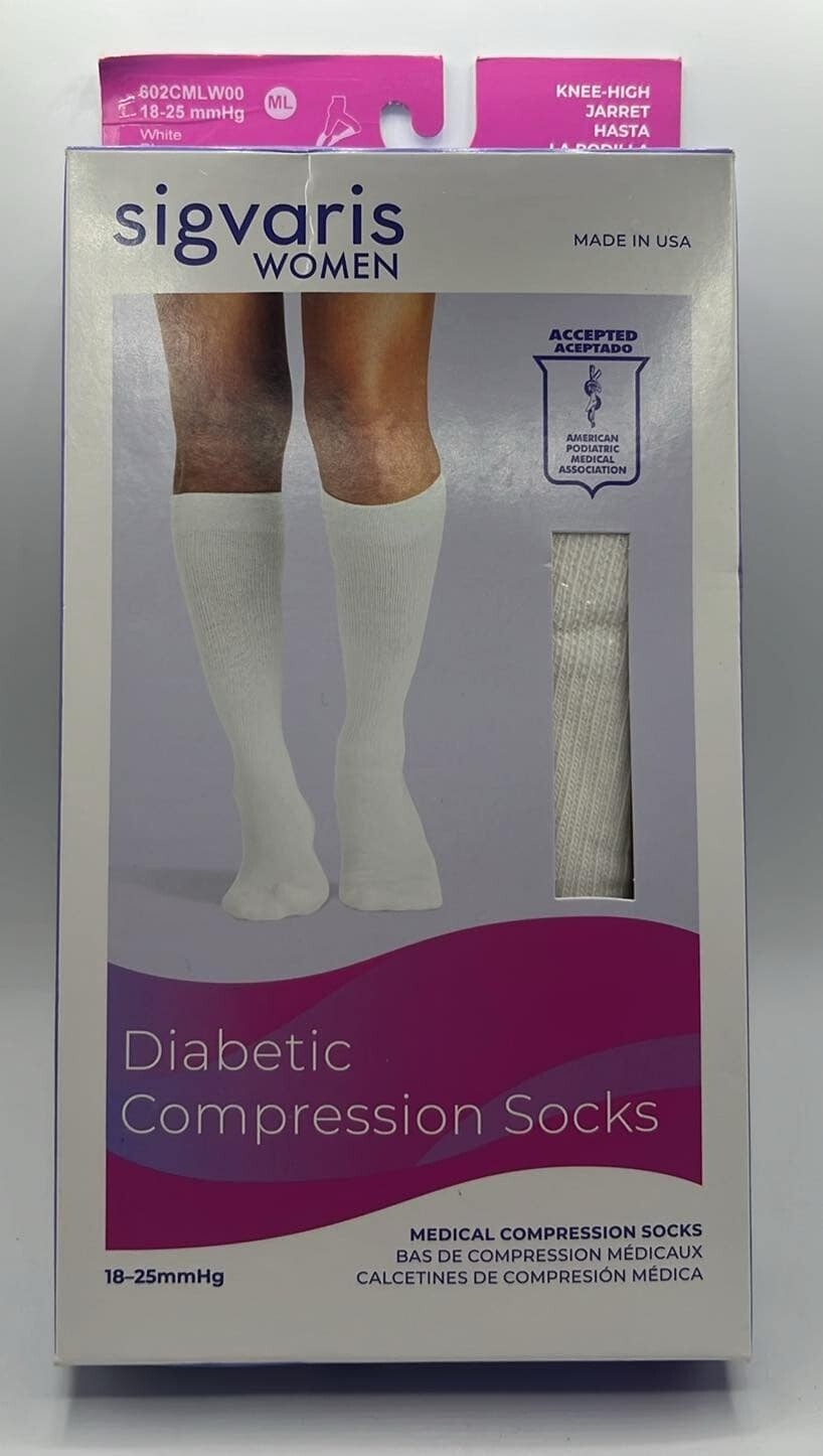 Sigvaris Women Diabetic Compression Socks ~ 18-25 MMHG ~ WHITE ~ ML ~ NEW
