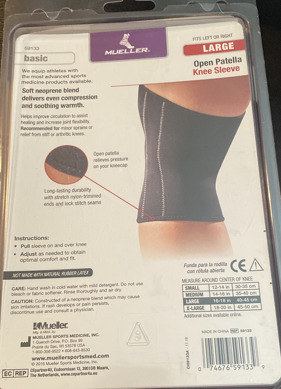 Mueller Sport Care Basic Support Level Open Patella Knee Support Sleeve Size L