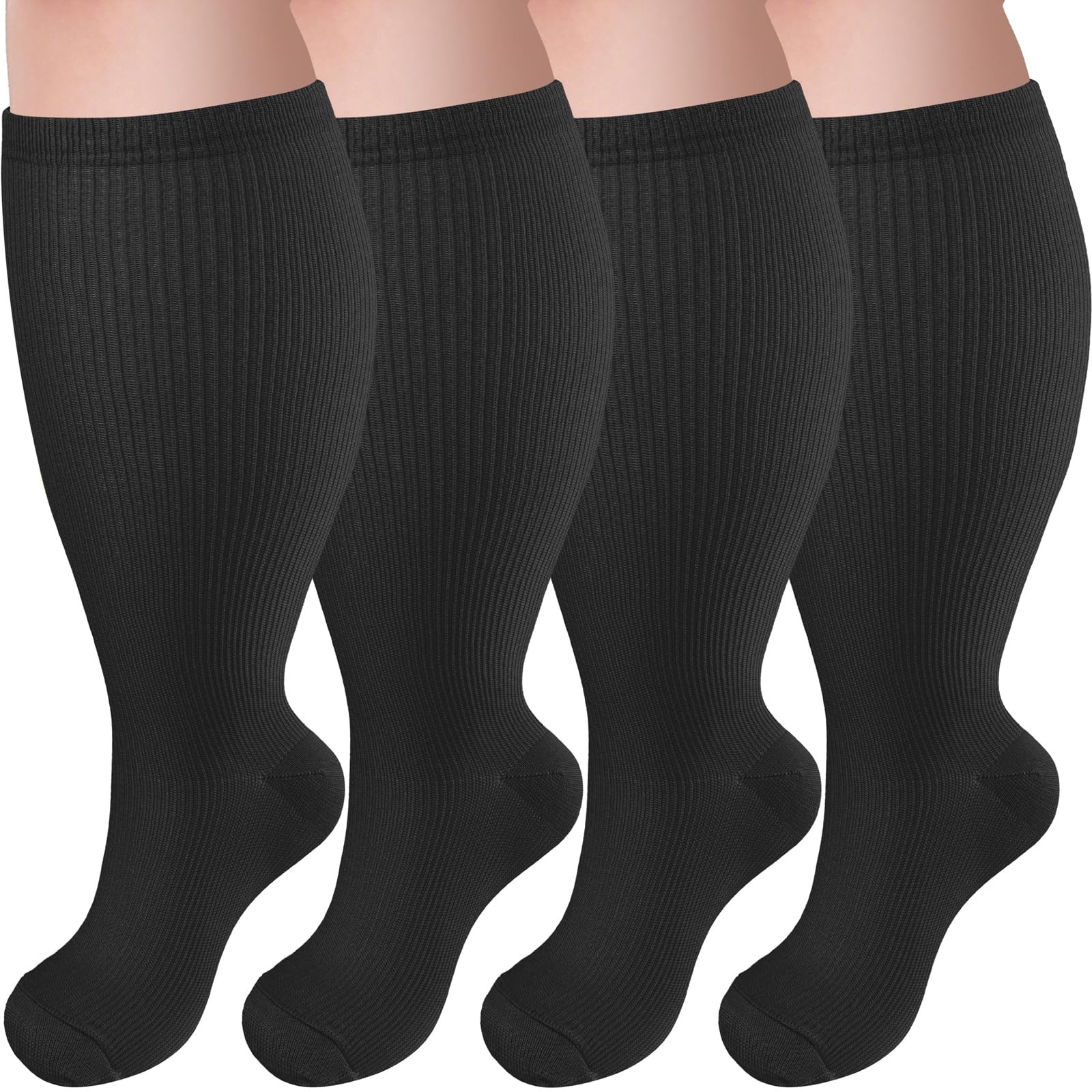 4 Pairs Plus Size Extra Wide Calf 2030 mmHg Knee High Compression Socks