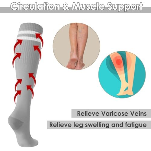 3 Pairs Striped Compression Socks for Men Women 15-25mmHg Black, White, Gray