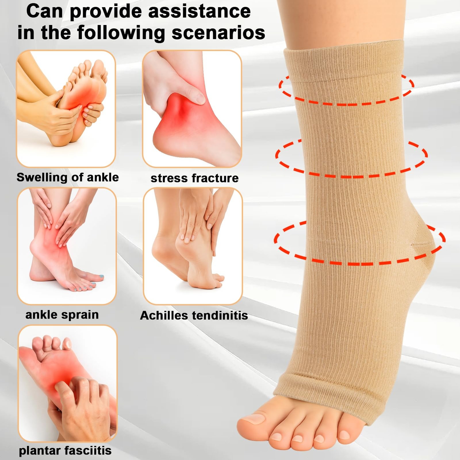 3 Pack Compression Ankle Support Socks 8-15 mmHg Open Toe mmHg, beige
