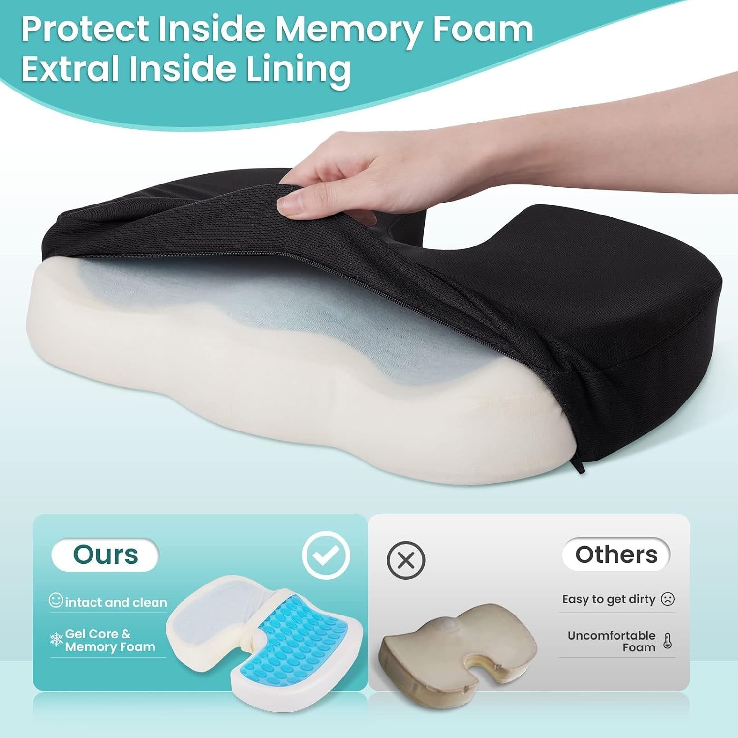 Gel Memory Foam Seat Cushion Cooling U-Shaped Office Chair Pad Black