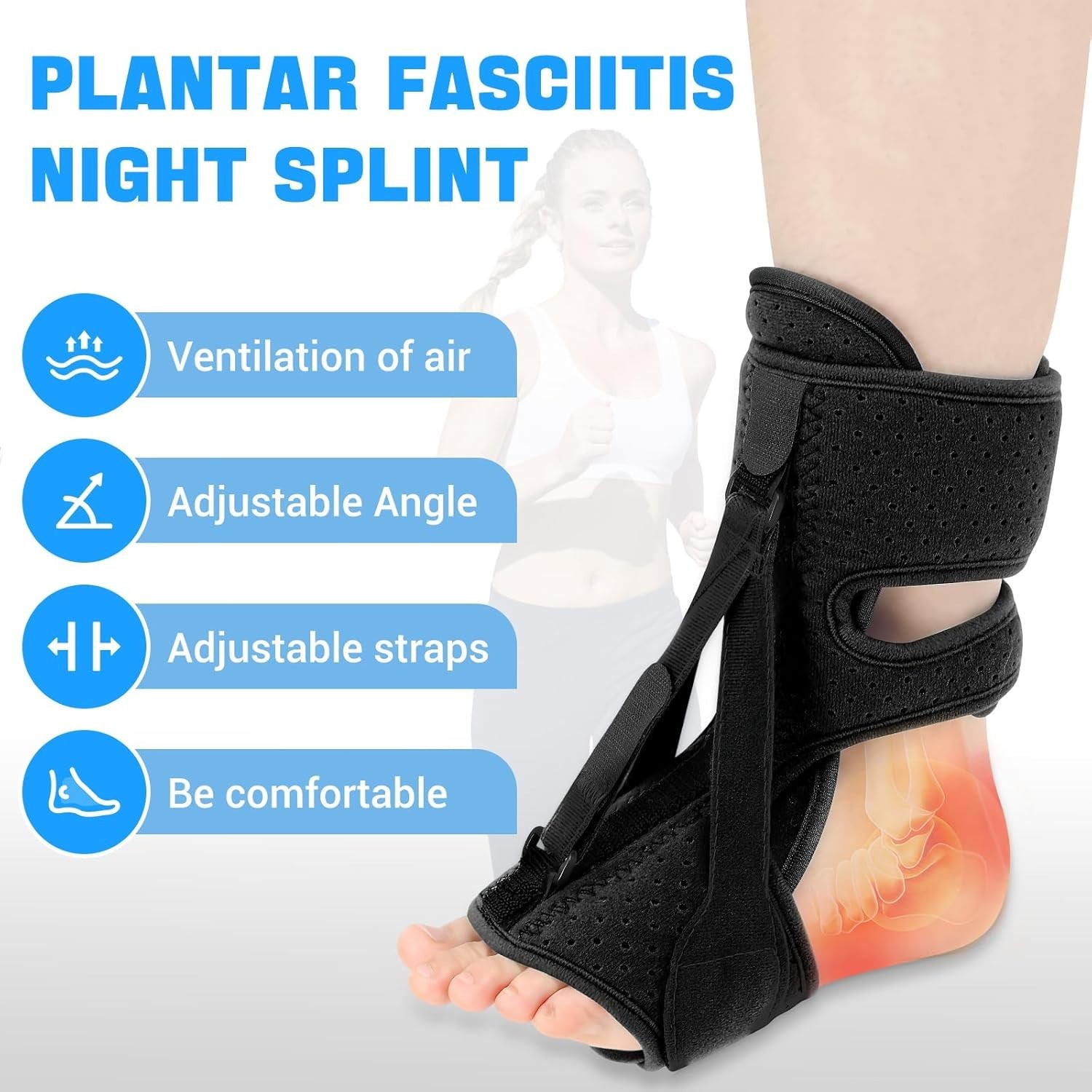 Plantar Fasciitis Night Support Brace, Three Adjustable Straps, Relieves Plantar