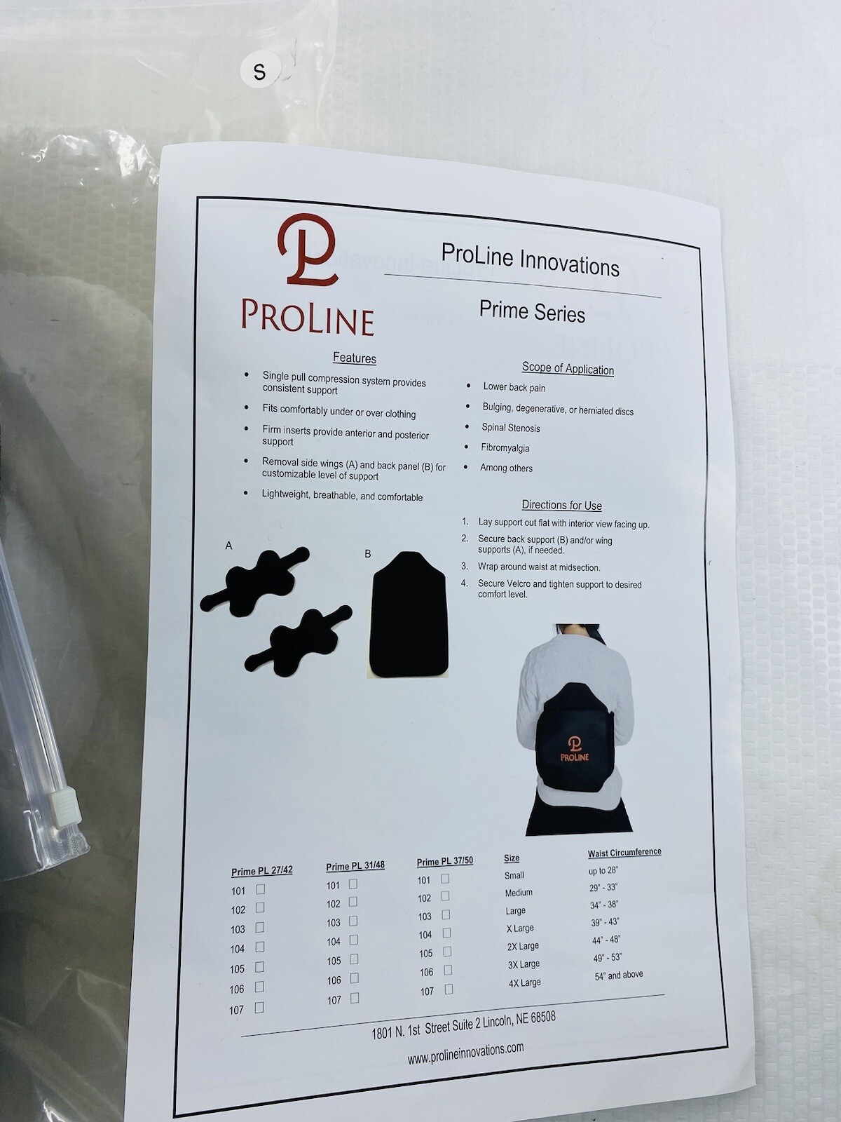ProLine Innovations Prime Series Back Support Brace Small Waist Universal Size