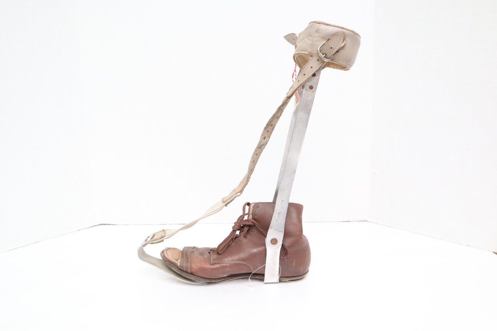 Antique Leg Ankle Brace Polio Stainless Steel Leather Right Leg Mens Shoe 10.5″