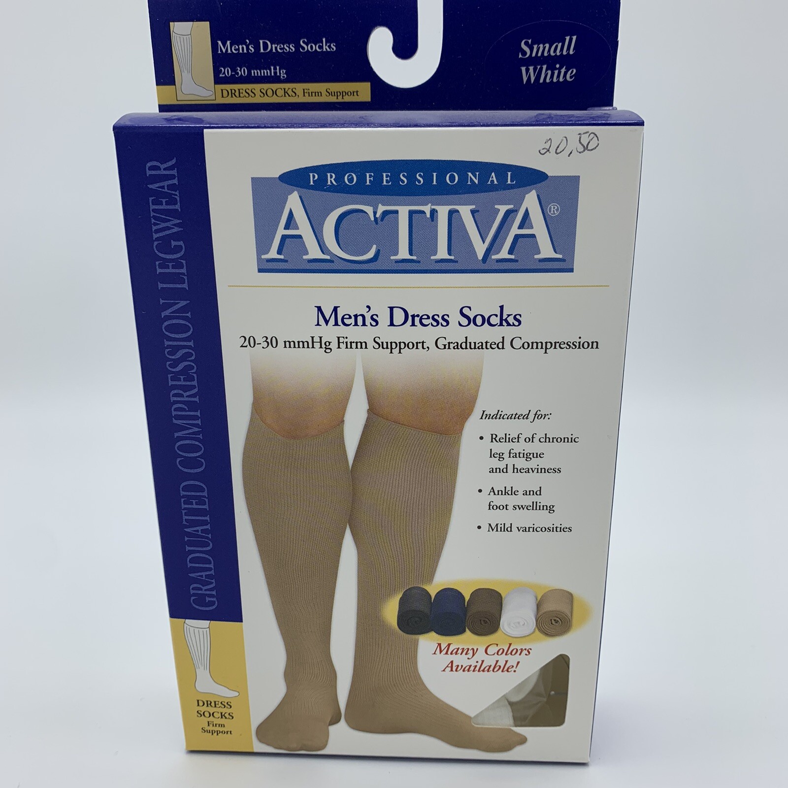 Activa Men’s Microfiber Firm Knee High Dress Socks-White Small 20-30mmHg