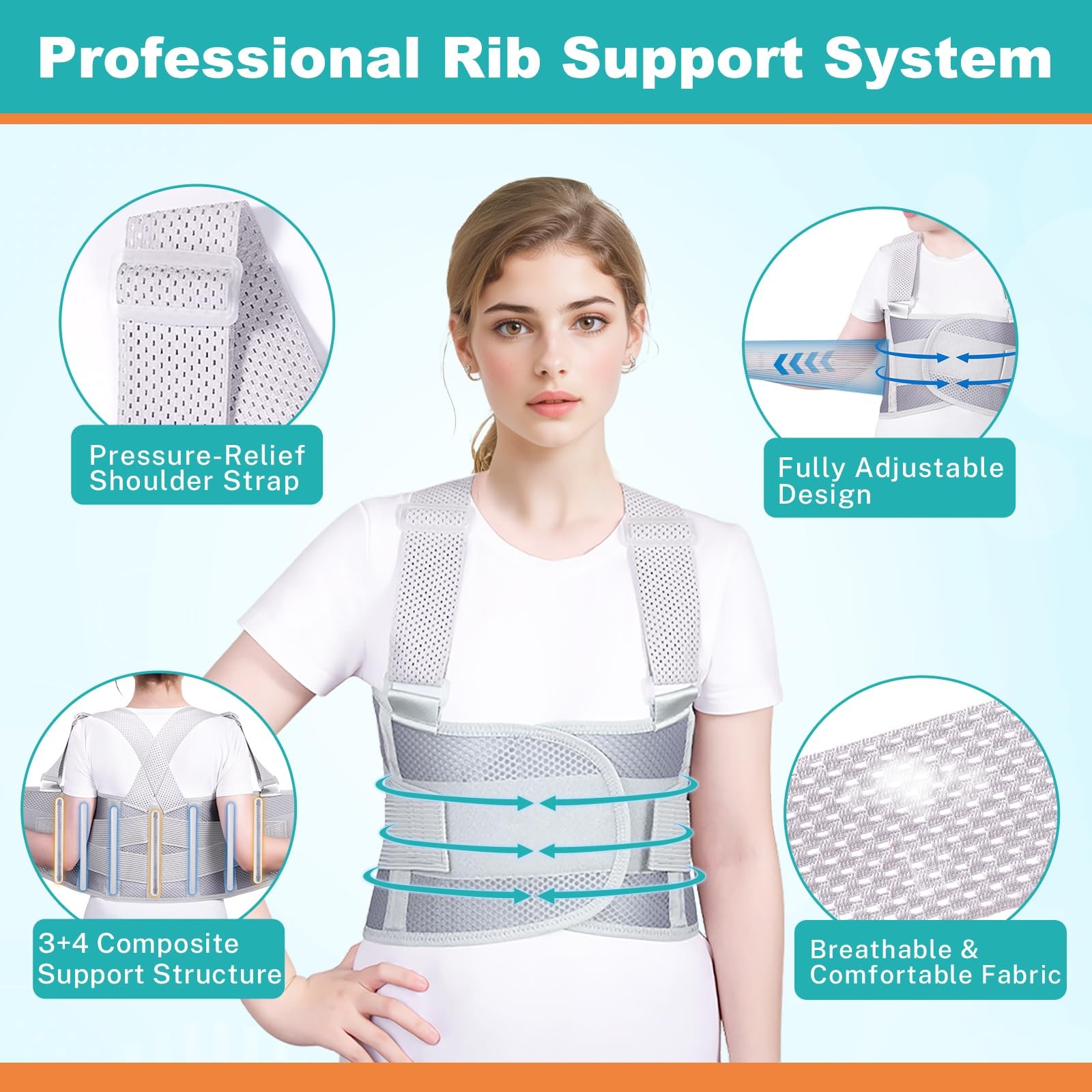 Adjustable Rib Sternum Support Brace Elastic Compression Wrap Grey