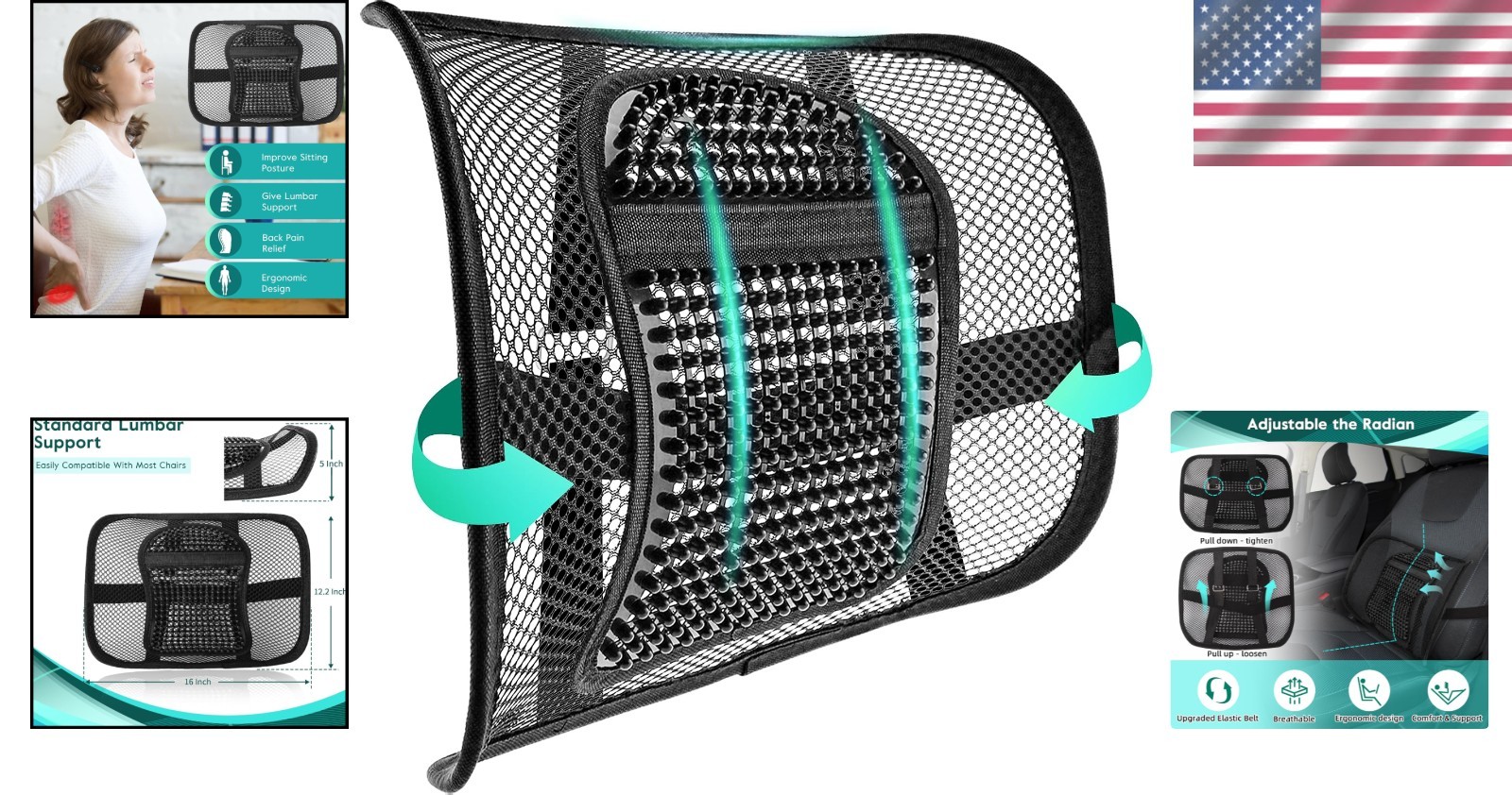 Breathable Back Support with Adjustable Tension Straps – 12×16 Inch Comfort