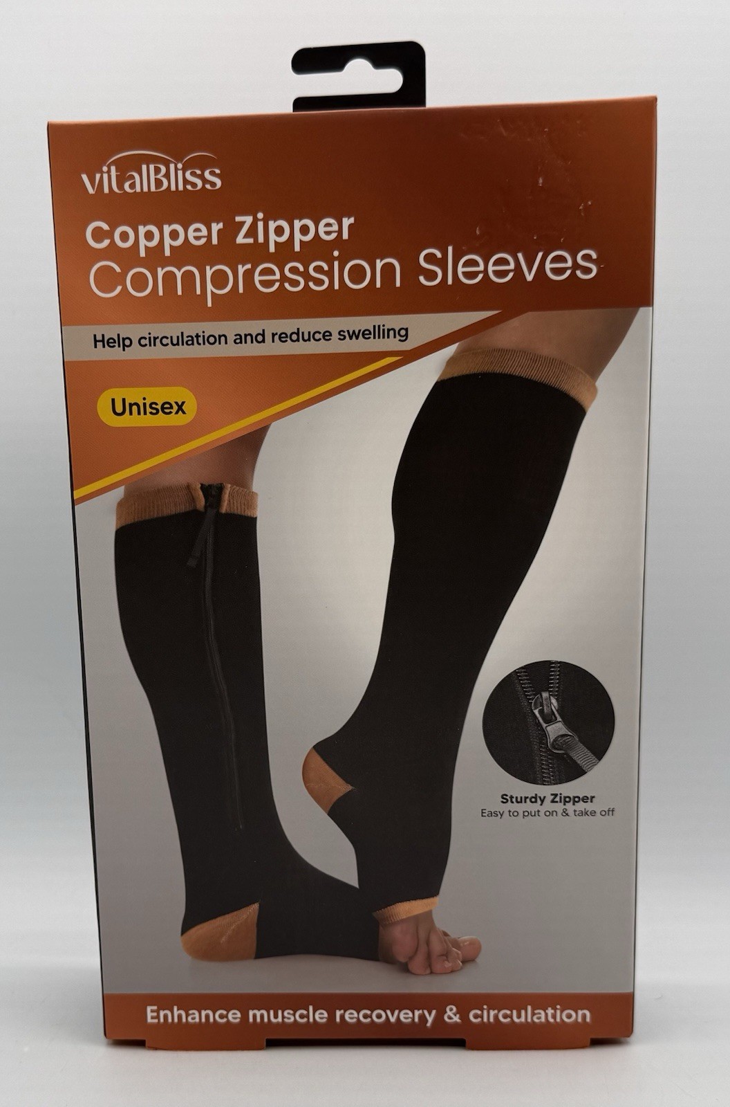 Copper Infused Compression Socks Open Toe and Zipper Closure Shoe Size 7”-9” S/M