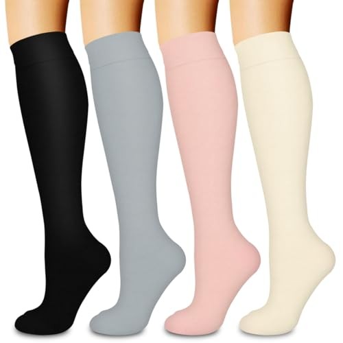 COOLOVER 4 Pairs Compression Socks for Large-X-Large 02 Black/Gray/Pink/Beige