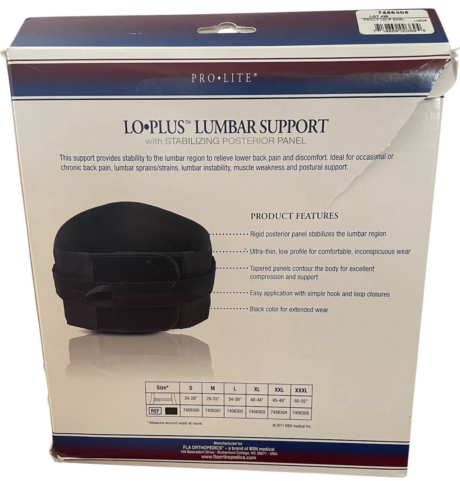 FLA Prolite Lo-Plus Lumbar Support Brace XXXl 50-55” Open Box NEW