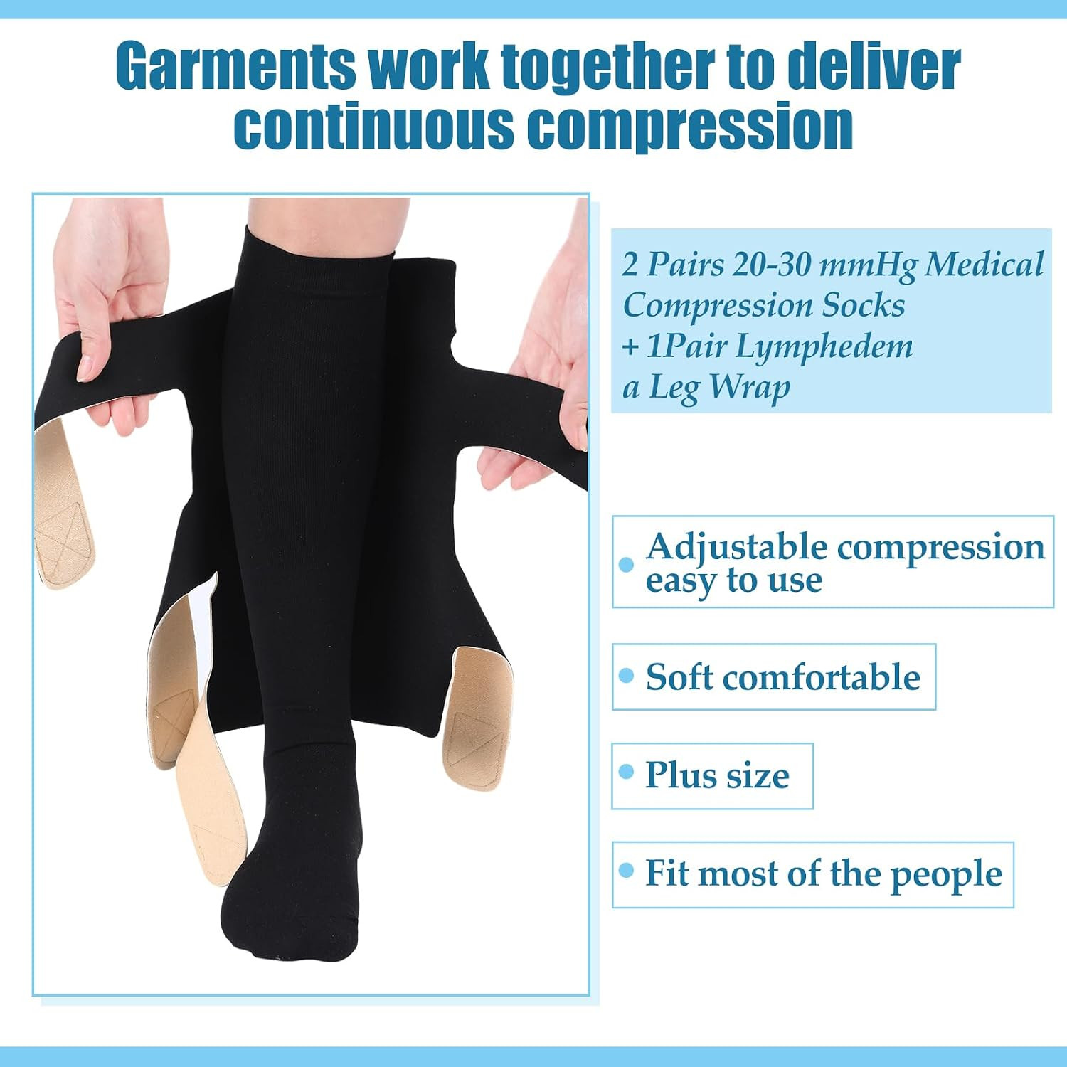 3 Pair Lymphedema Compression Leg Wrap with Calf Compression Sock 20-30 Mmhg Lym