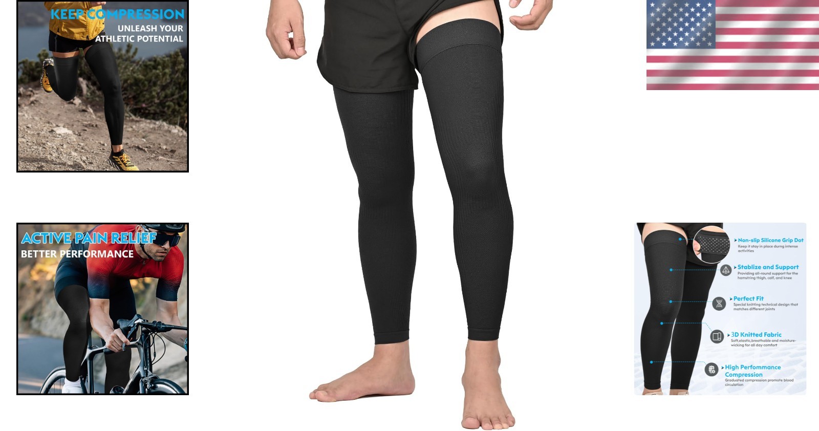 All Black Thigh High Compression Sleeves for Sport & Recovery – Unisex XXL Size