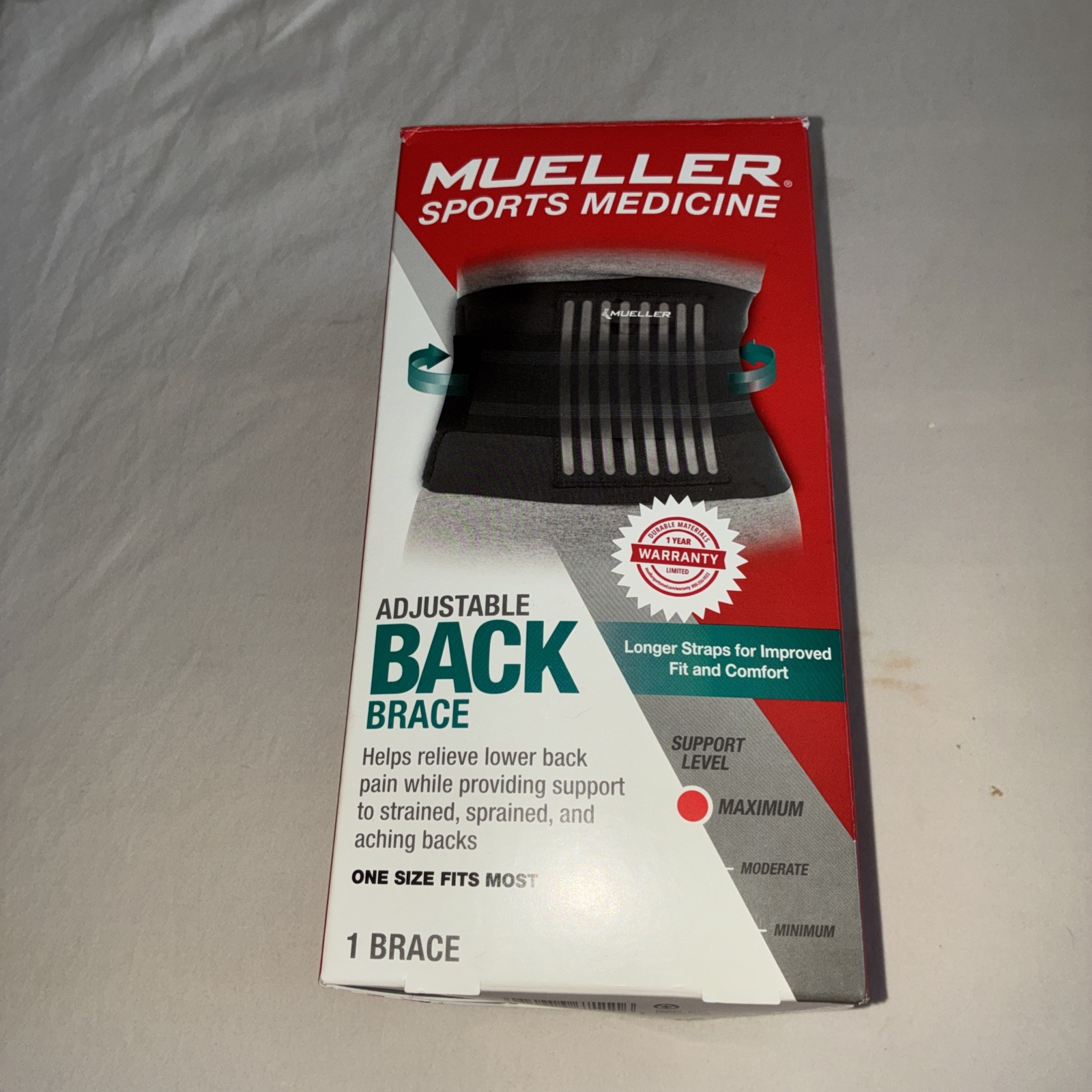 NEW Mueller Sports Medicine Adjustable Back Brace One Size Fits Most 28-50 Inch