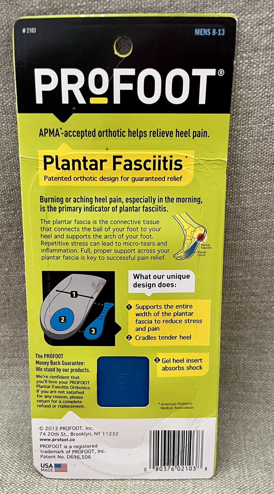 ProFoot Mens 8-13 Relief Foot Heel Pain 1 Pr Orthotic Insert Plantar Fasciitis