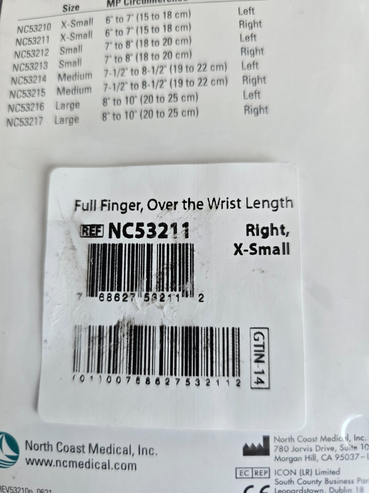 Norco Compression Glove – NEW X-Small RIGHT Full Finger, Over the Wrist Lengt