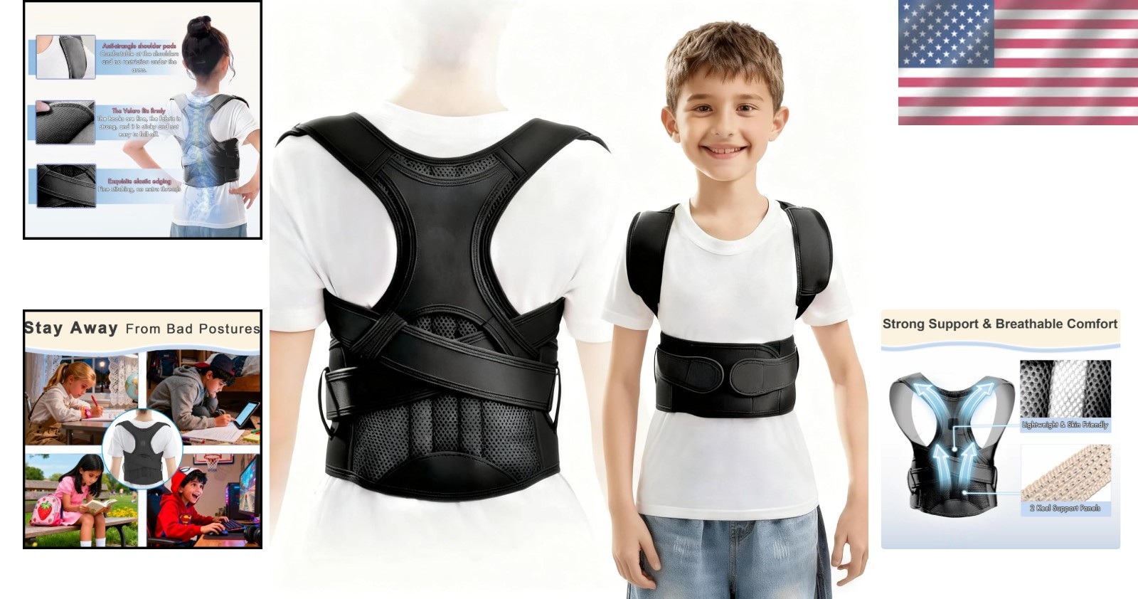 Black Kids Back Brace Medium Adjustable Support Belt for Growing Teens and Youth