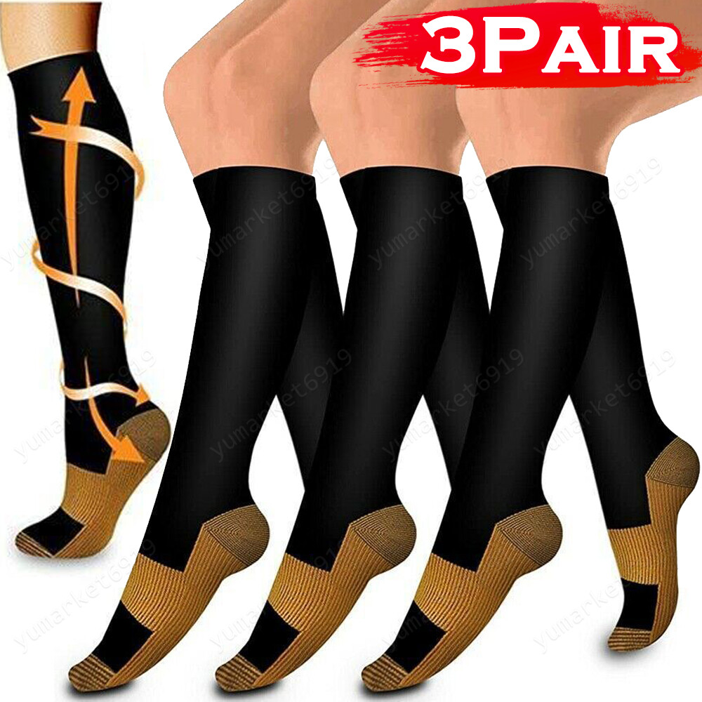 (3 Pairs) Copper Compression 20-30mmHg Graduated Support Socks Mens Womens S-XXL
