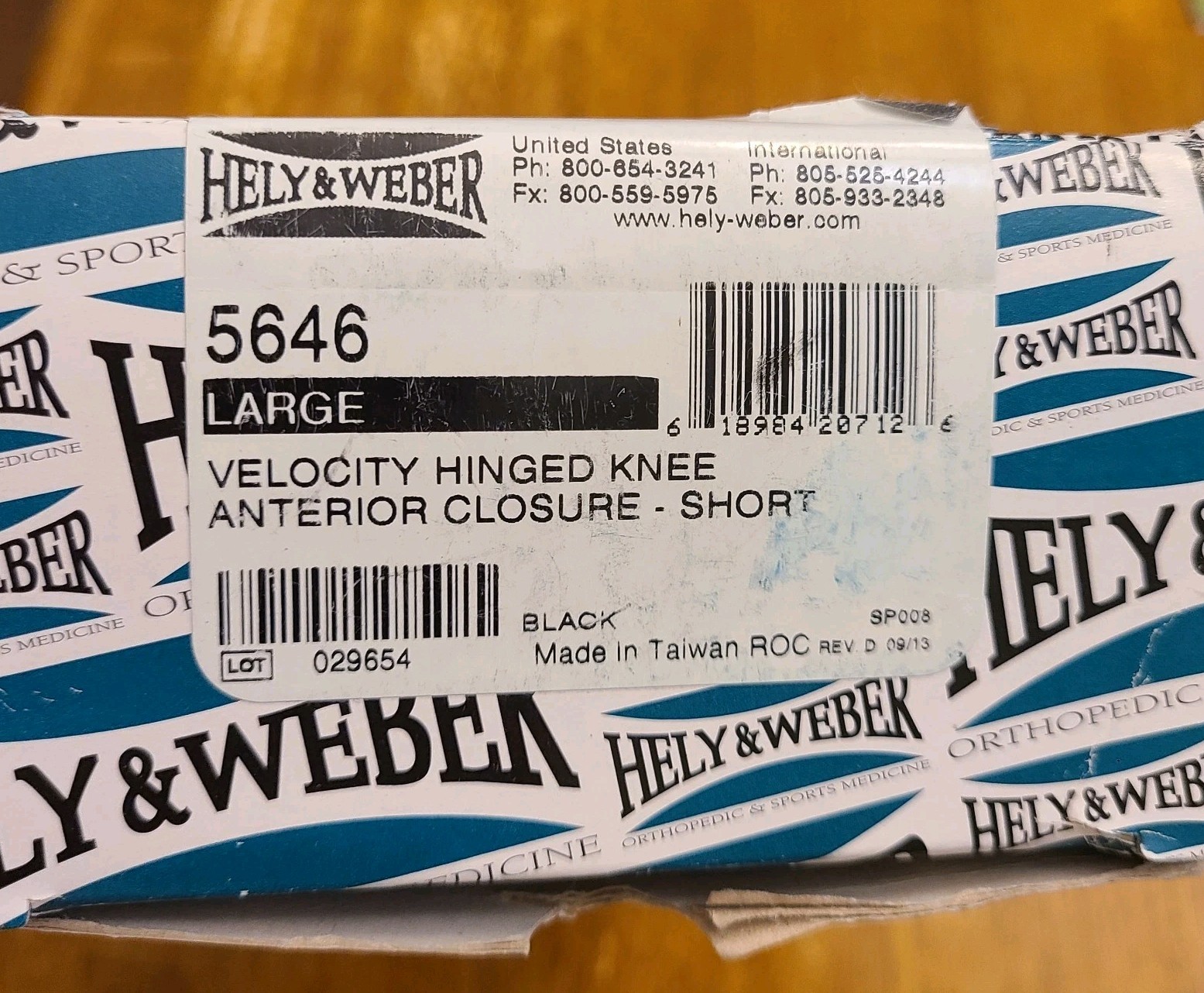 Hely & Weber Velocity Hinged Knee Brace Anterior Closure Large Short Model 5646