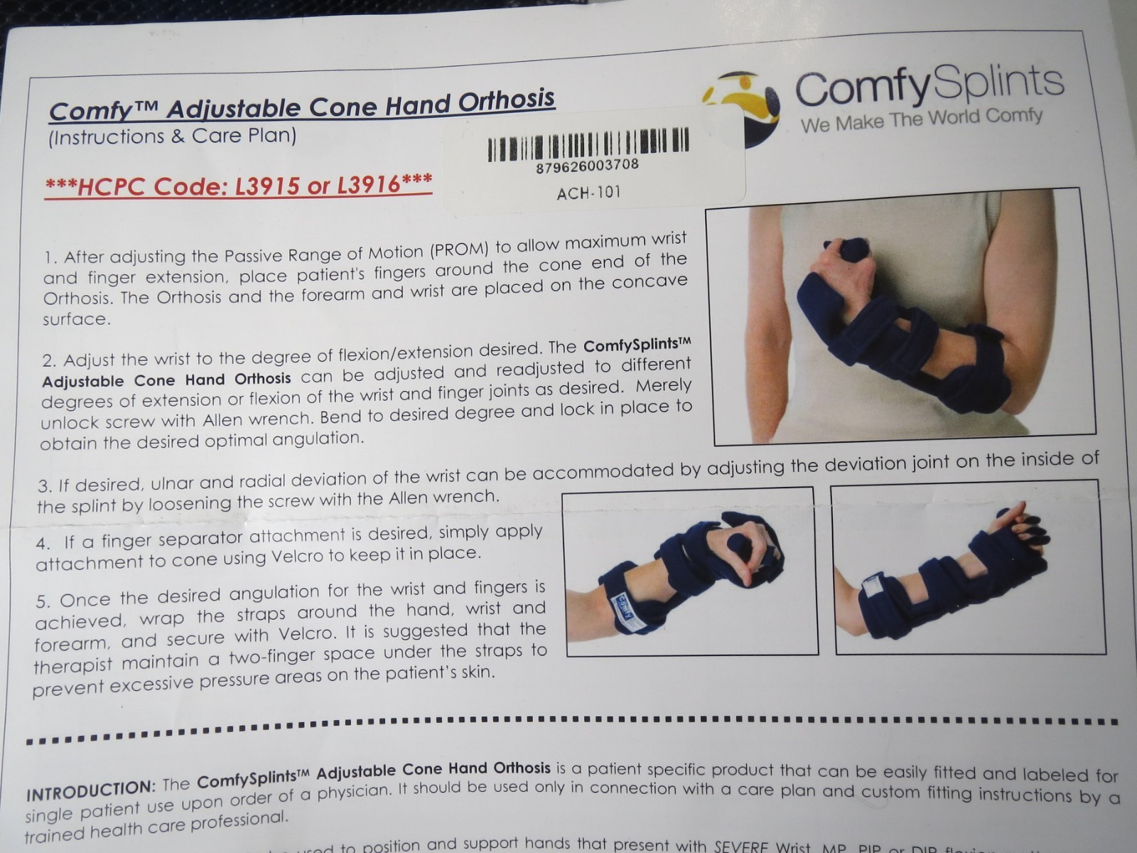 Brand New ACH-101 Comfy Splint Adjustable Cone Hand Splint Brace Orthosis
