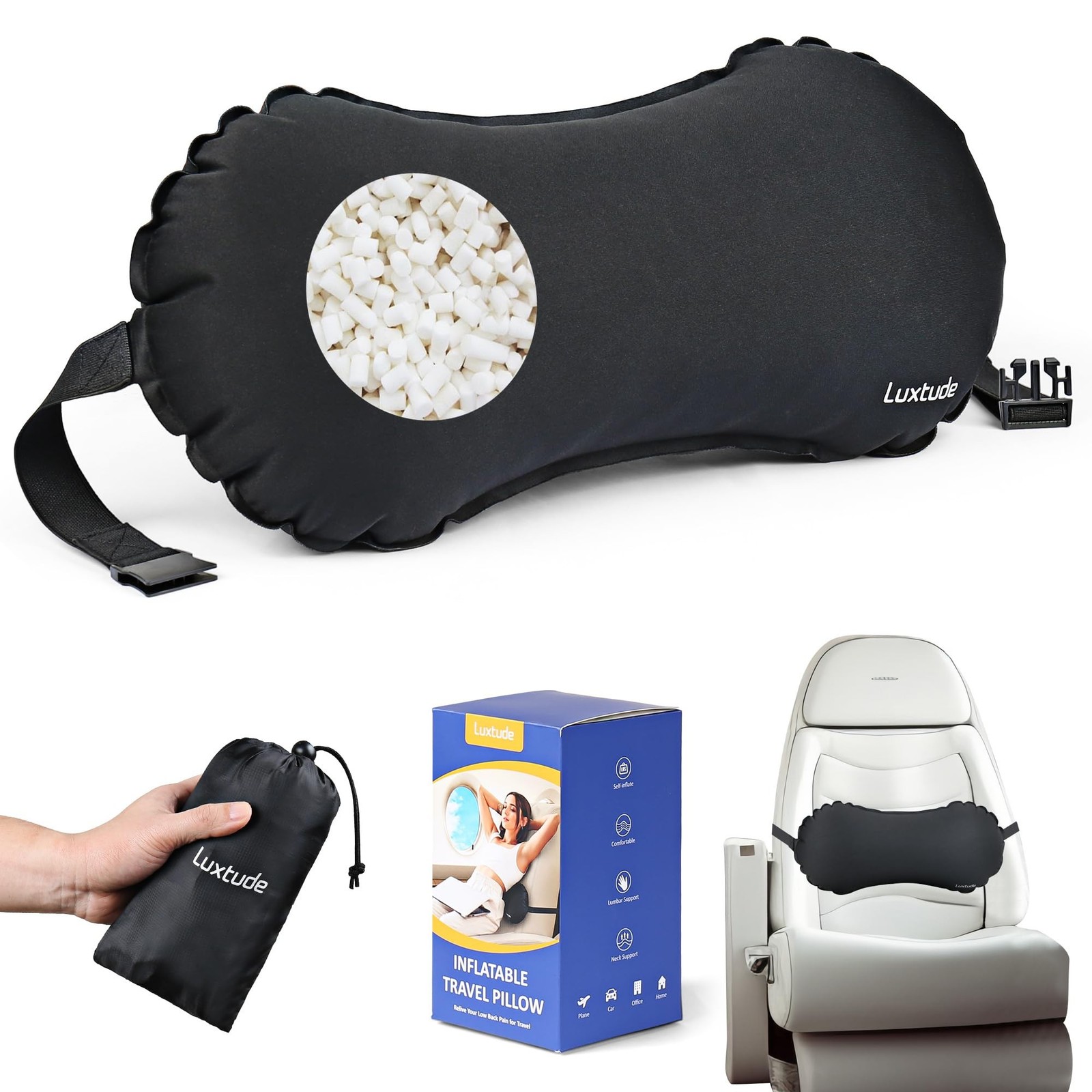 Luxtude Inflatable Lumbar Pillow for Airplane Travel, Lumbar Support Pillow f…