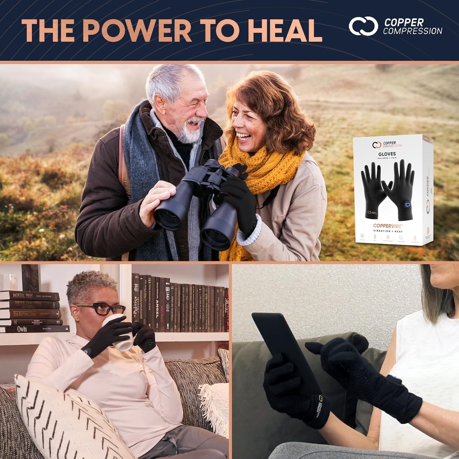 Copper Compression CopperVibe Vibration Heat Therapy Gloves Black New OPEN BOX