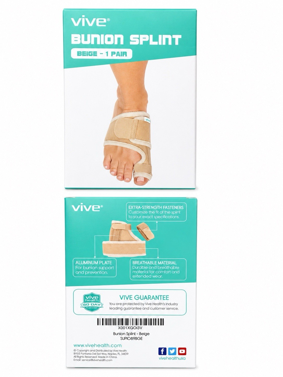 Vive Bunion Splint Adjustable Foot Support, Beige, 1 Pair