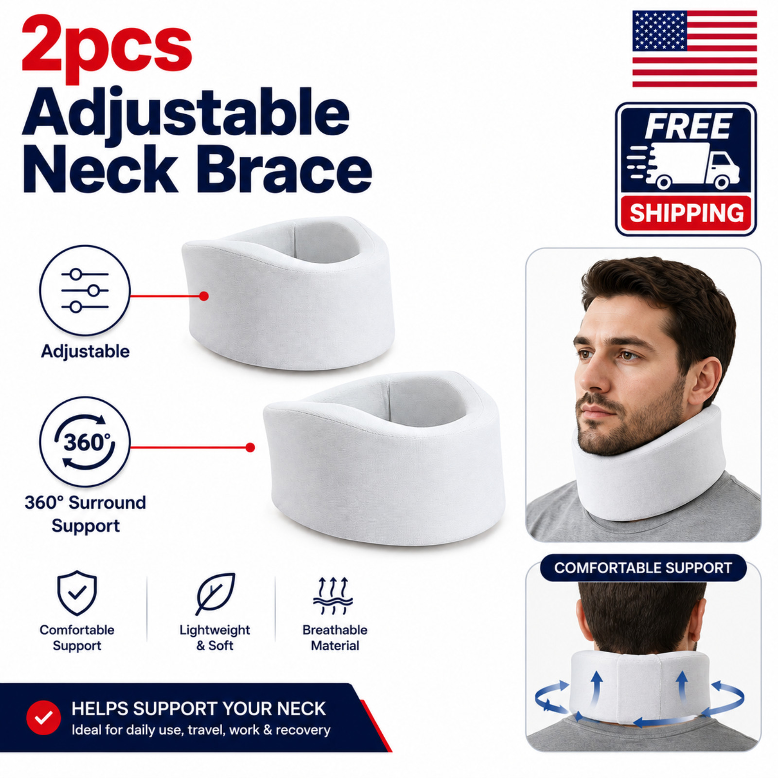 2pcs Adjustable Neck Brace Neck Support Collar 360° Surround Support
