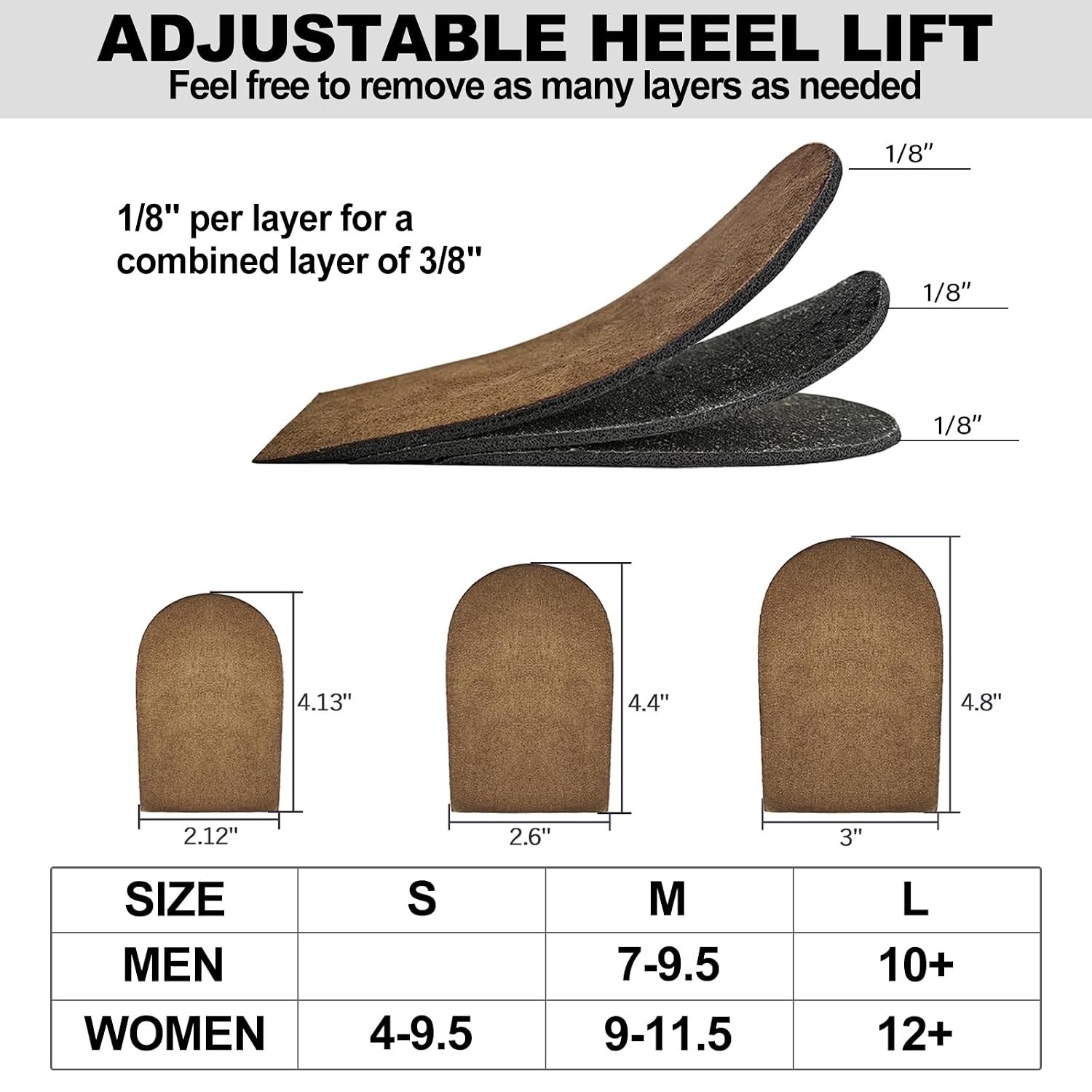 Adjustable Heel Lifts for Heel Pain 3-Layer 1/8″ Thick Brown Shoe Lifts 2pcs