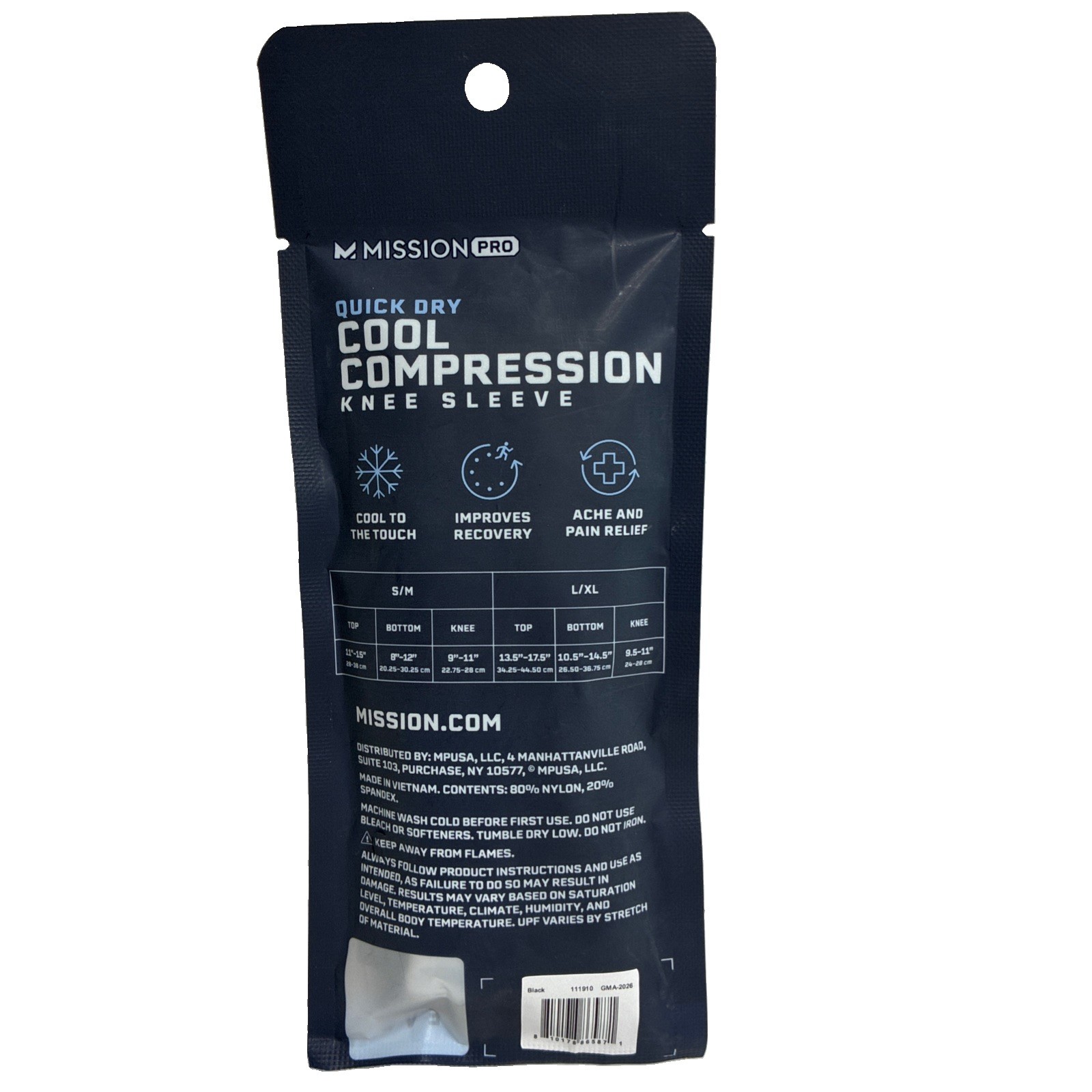 Mission Pro Quick Dry Cooling Compression Knee Sleeve, Black, Size S/M