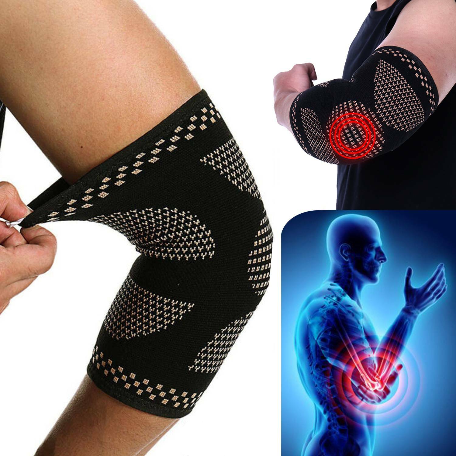 Copper Elbow Brace Support Arm Compression Sleeve Elastic Tennis for Tendonitis
