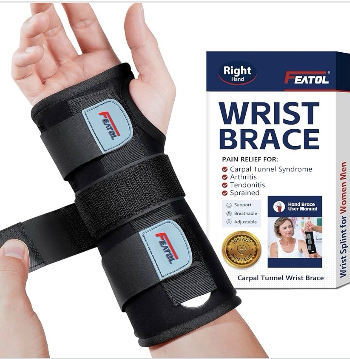 FEATOL Wrist Brace Hand Brace, Carpal Tunnel Wrist Right Hand, Small/Medium- New
