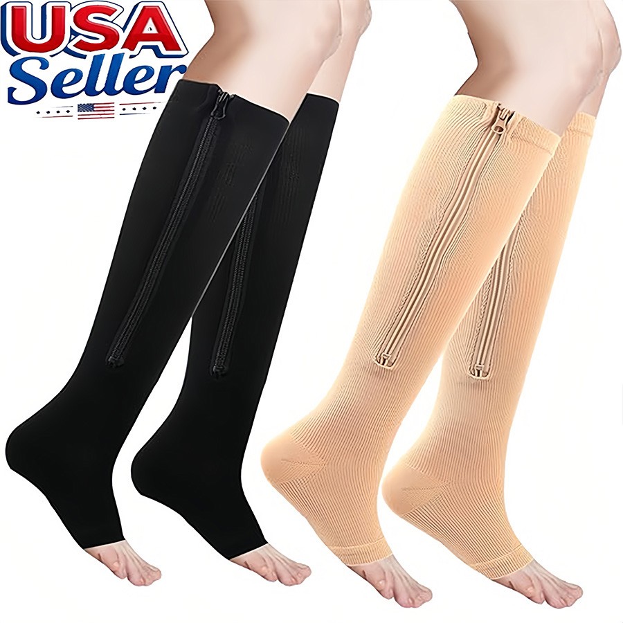 Compression Socks (1/3Pack)Stockings 15-20mmHg Knee High Support Open Toe Zipper