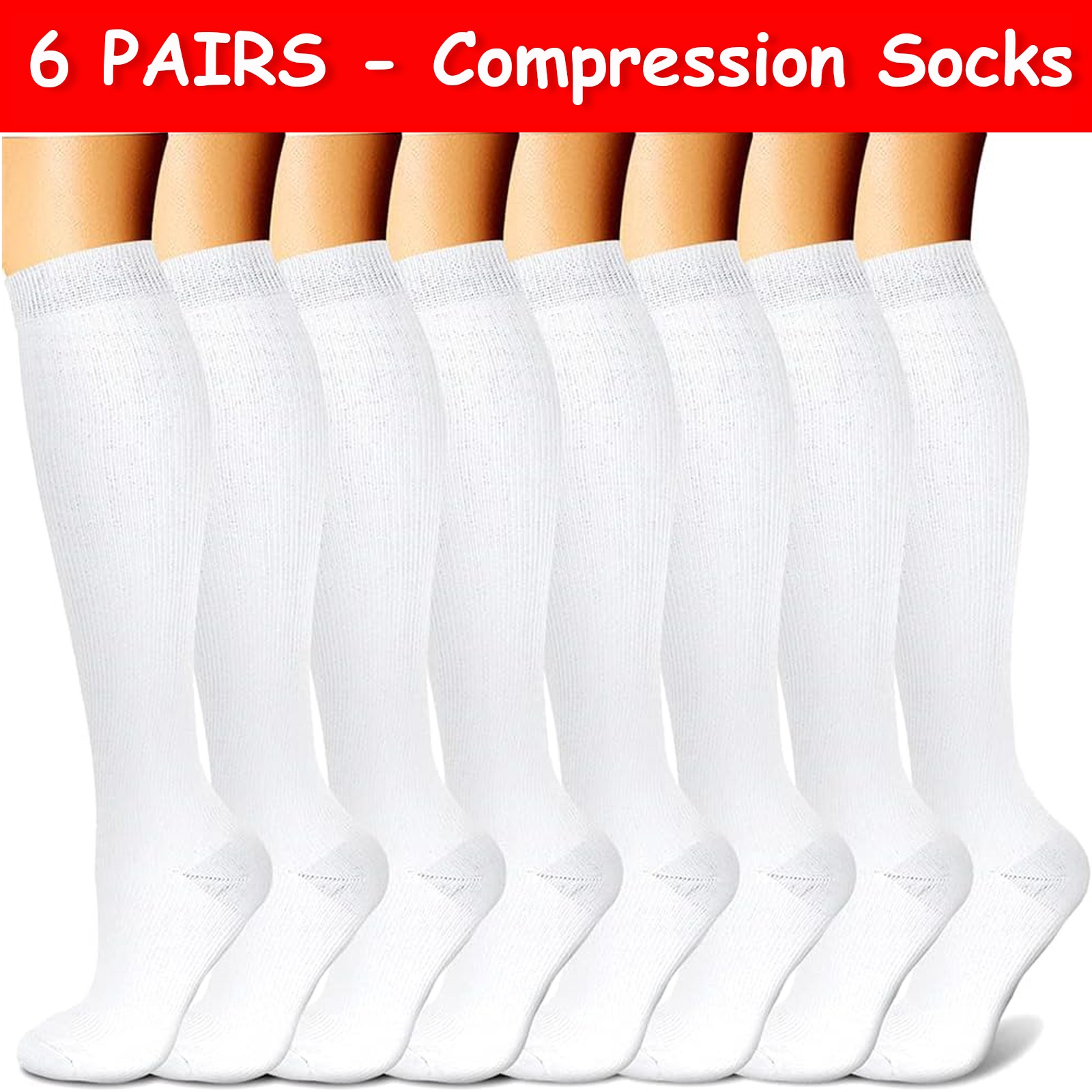 (6 Pairs) Compression 15-20mmHg Graduated Support Socks Calf Mens Womens S-XXL