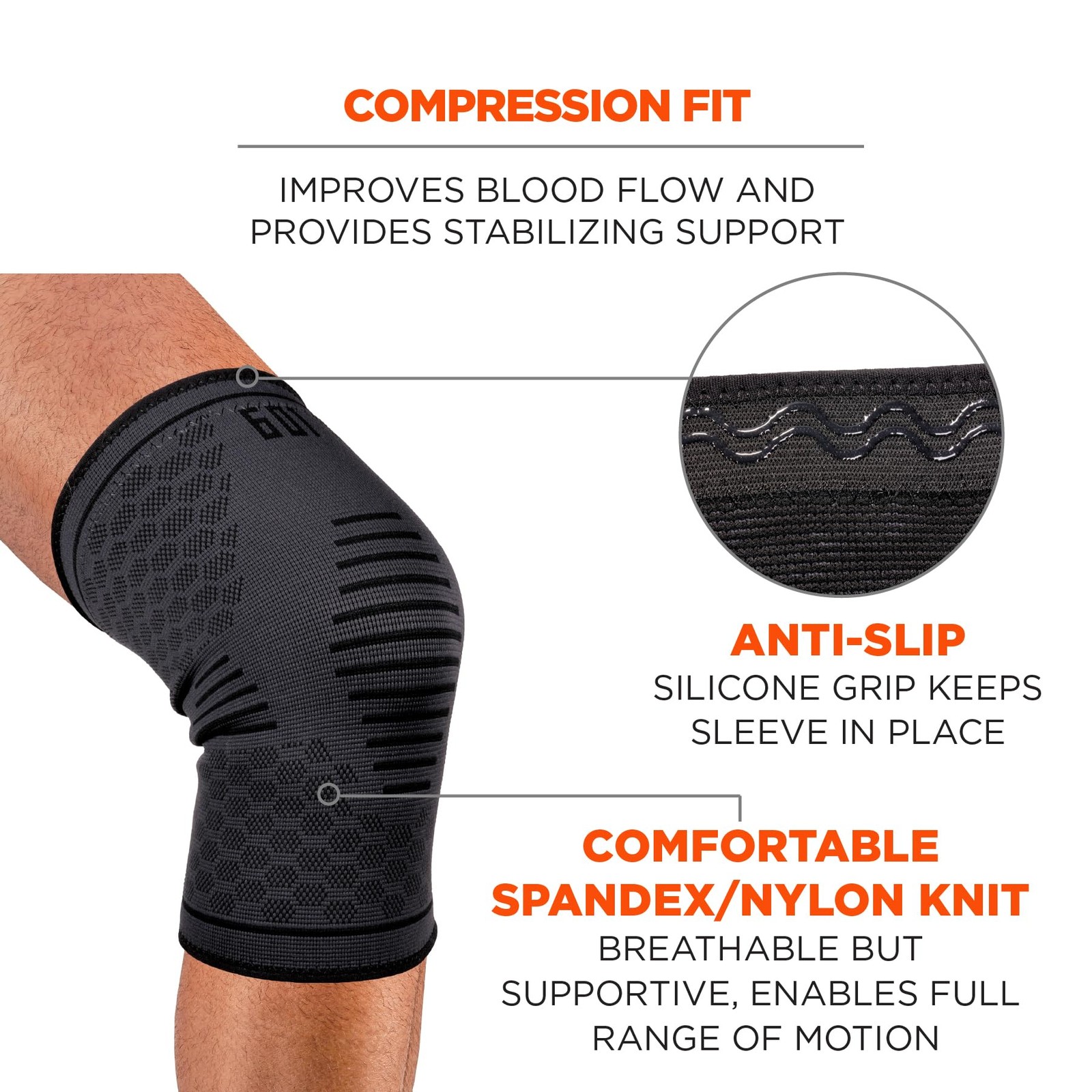 Ergodyne ProFlex 601 Knee Compression Sleeve Support for Men and Large, Black