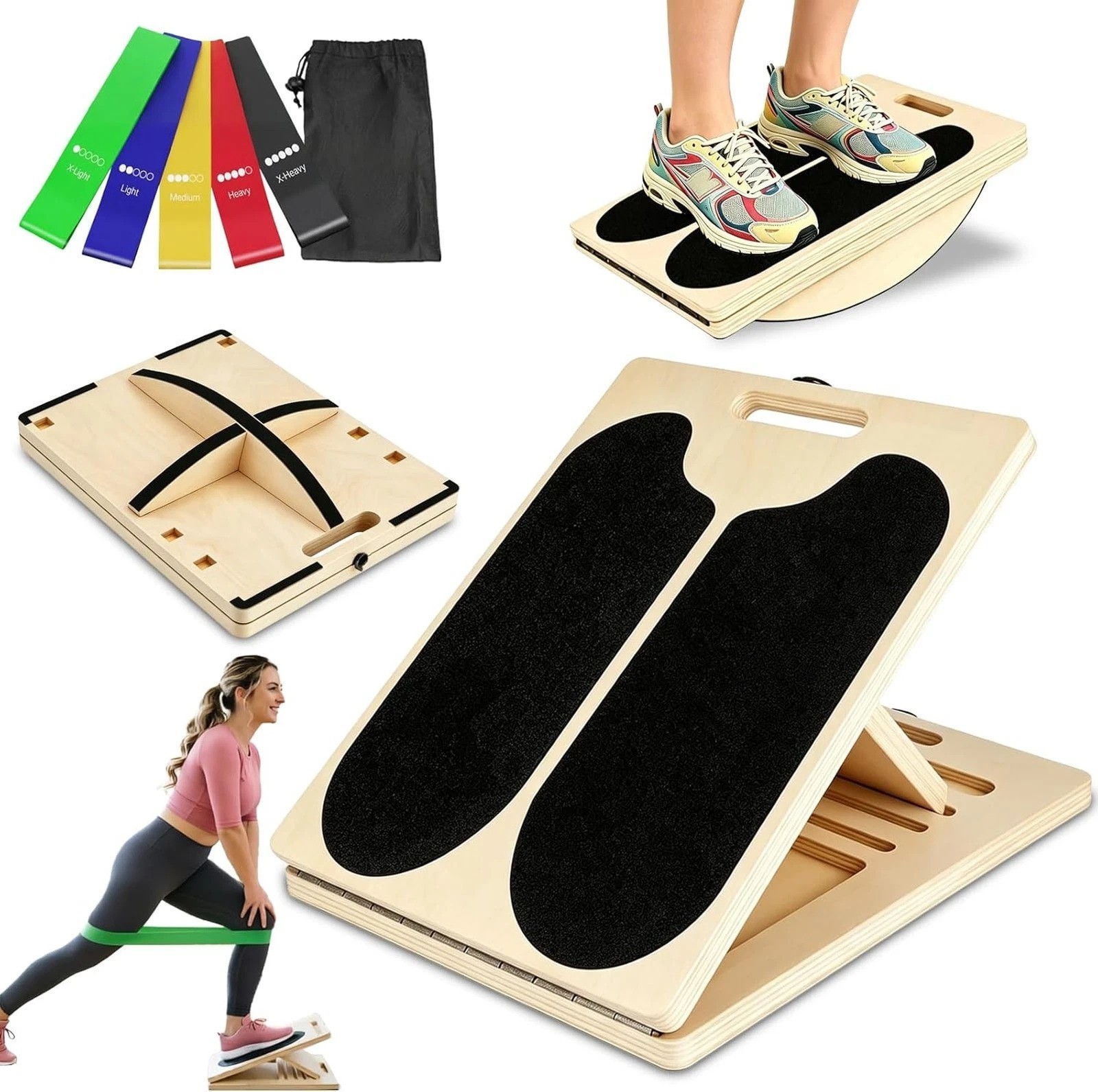 3-in-1 Balance Board with Resistance Bands for Calf Stretches and Mobility