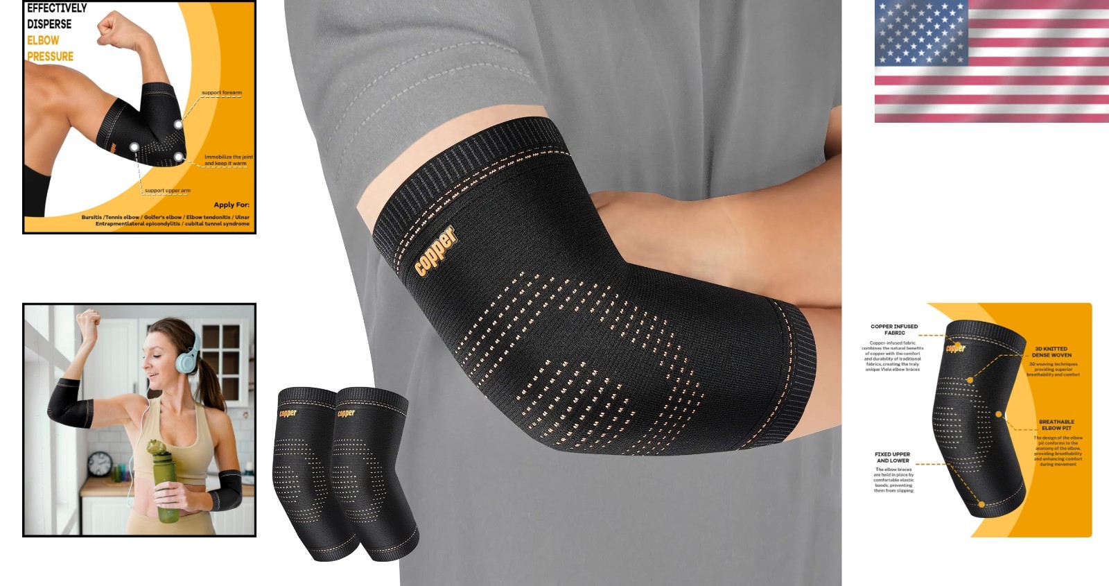Copper Elbow Compression Sleeve Set for Pain Relief – Ideal for Tennis & Golf