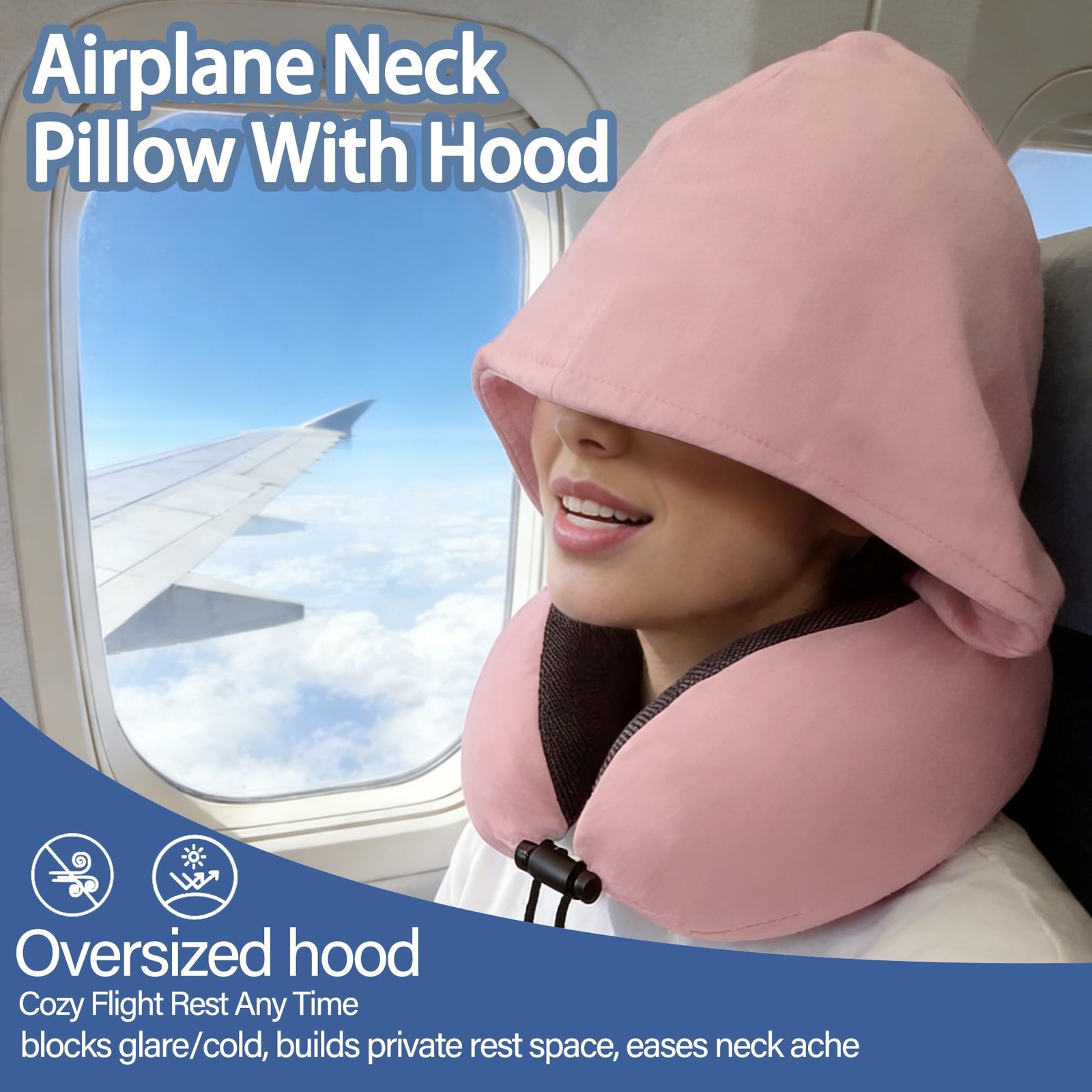 Travel Neck Pillow with Hood Memory Foam Sleeping Airplane Pillows Long Fligh…
