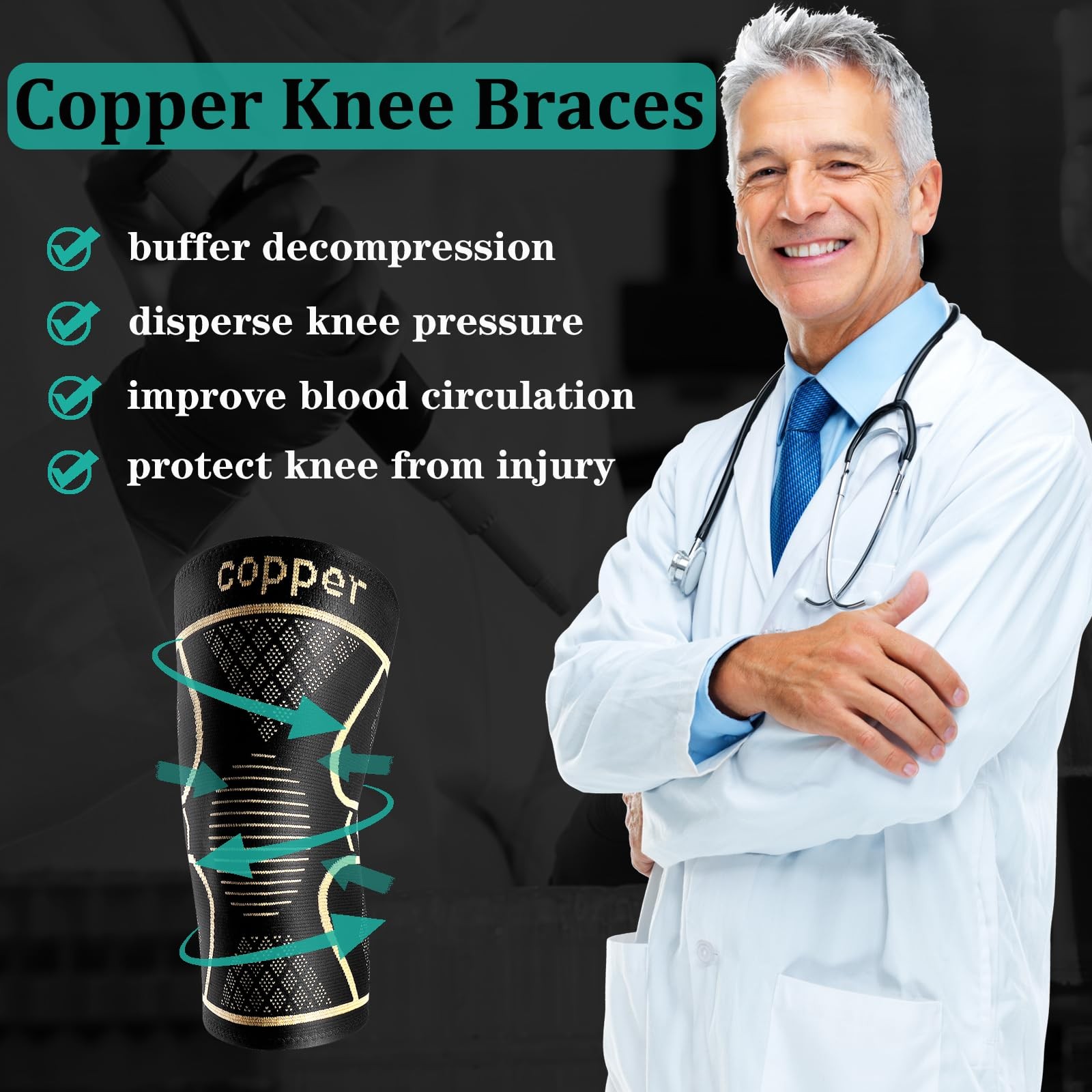 Copper Knee Braces 2 Pack, Compression Sleeve for Pain Relief, 2XL
