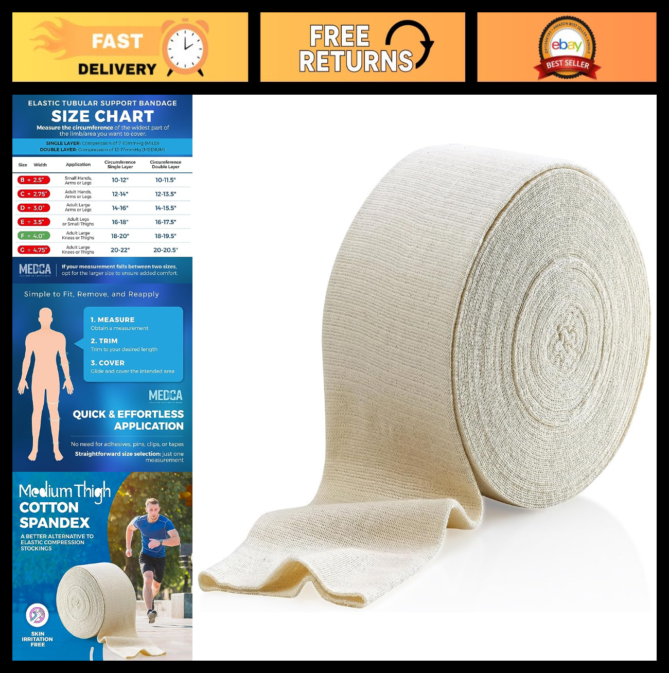 Elastic Tubular Support Bandage 10M – Natural Color 4″x33′ for Knee & Thigh Supp