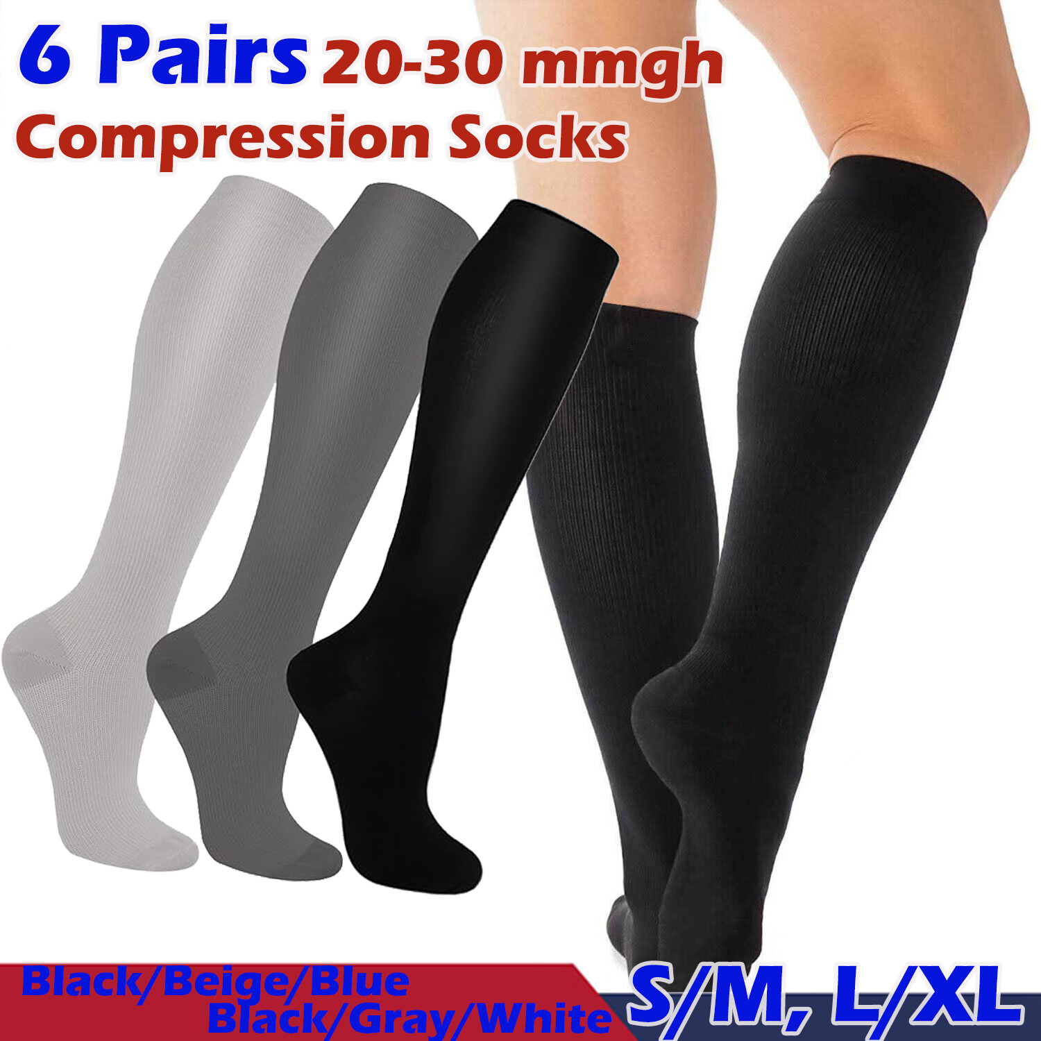6 Pair Diabetic Stockings Supportive Compression Socks for Women Men 20-30 mmHg