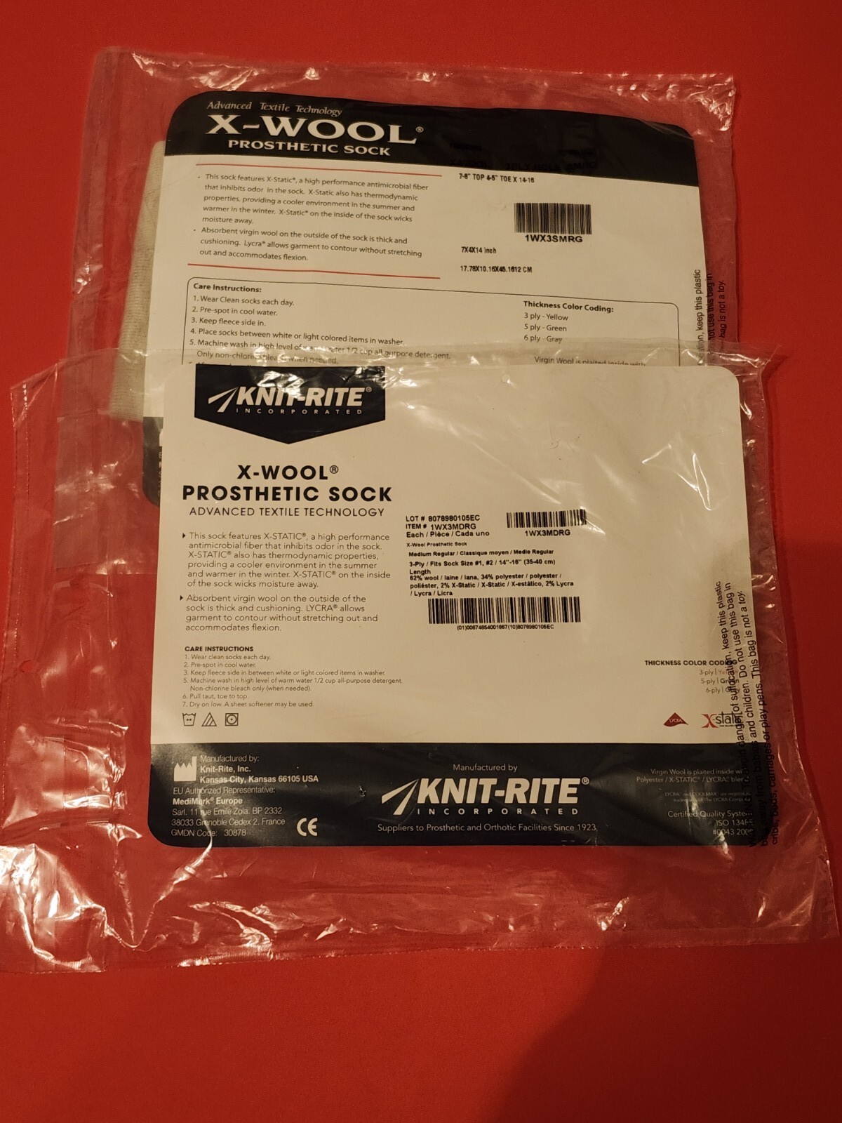 Lot of 2 NIP KNIT-RITE X-WOOL PROSTHETIC SOCK, 3 PLY, 1WX3MDRG, 7″x 4″x 14-16″ L