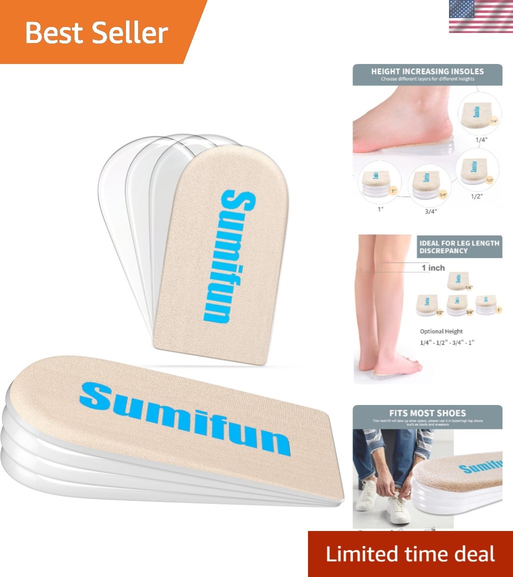 4-Layer Adjustable Gel Heel Lift Inserts for Pain Relief & Even Legs – Beige 1″