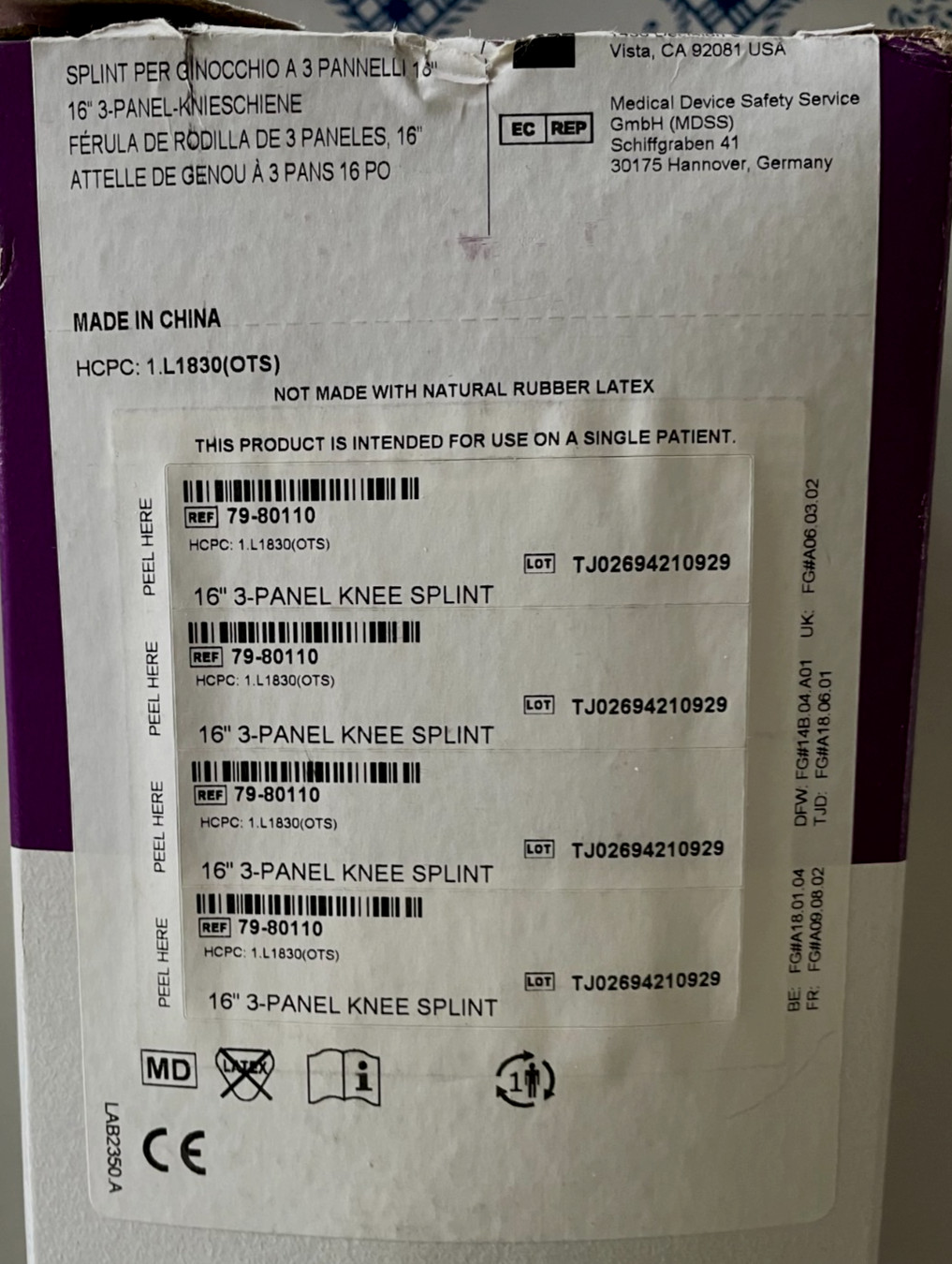 PROCARE 79-80110 3 Panel 16” Universal Knee Splint Immobilizer Open Box L/R Leg