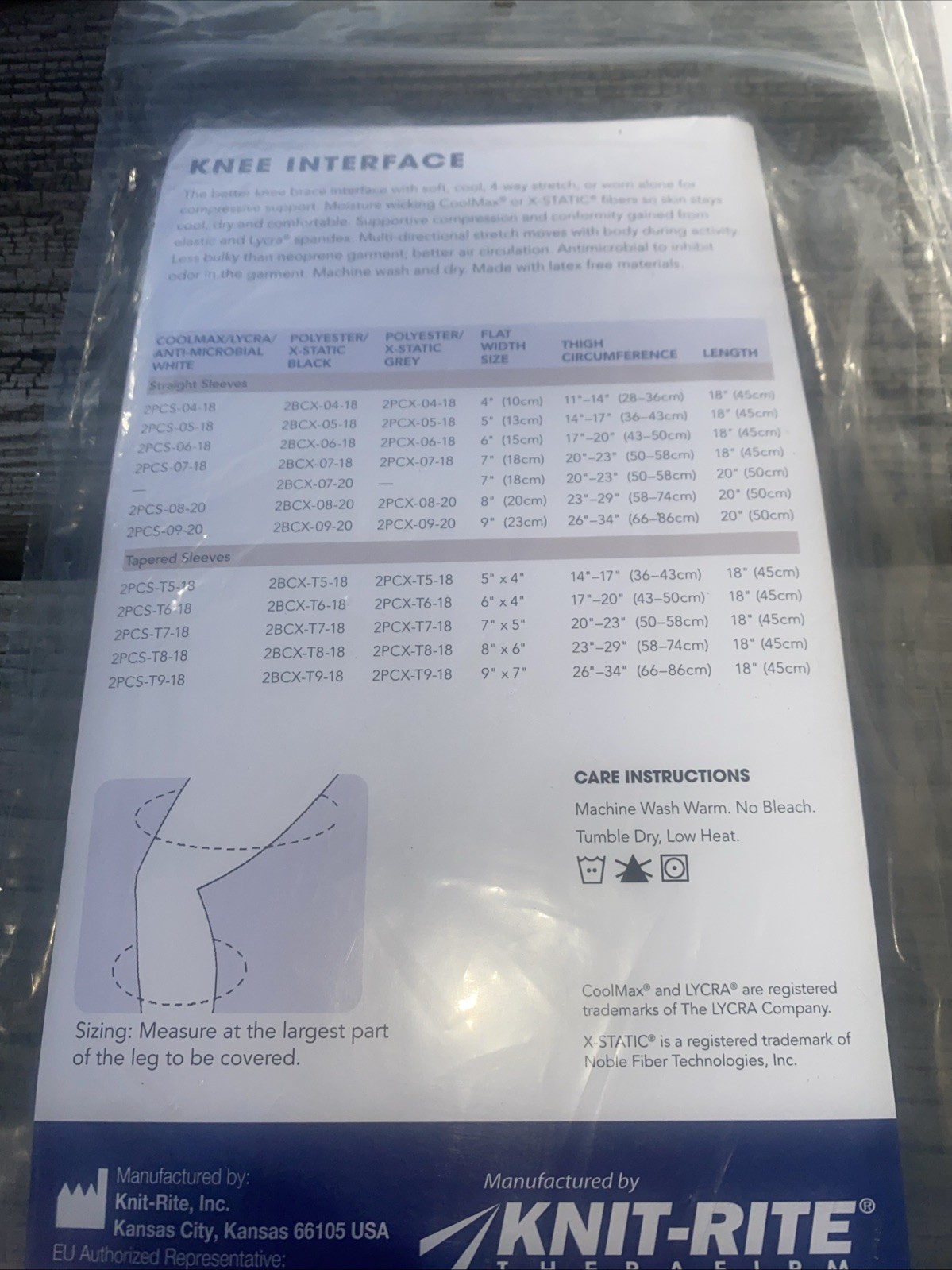 NEW Knit Rite Therafirm Knee Interface Sleeve X Static Black 7×18 2BCX718