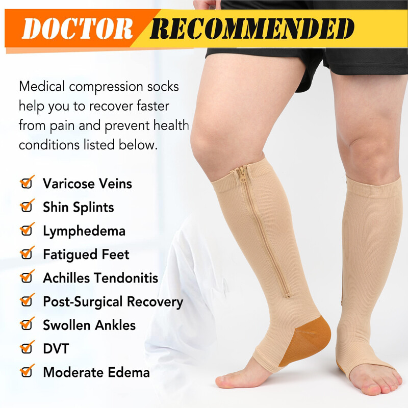 Zipper Compression Socks Support Anti-Fatigue Stockings Men Women 20-30mmHg 2PCS