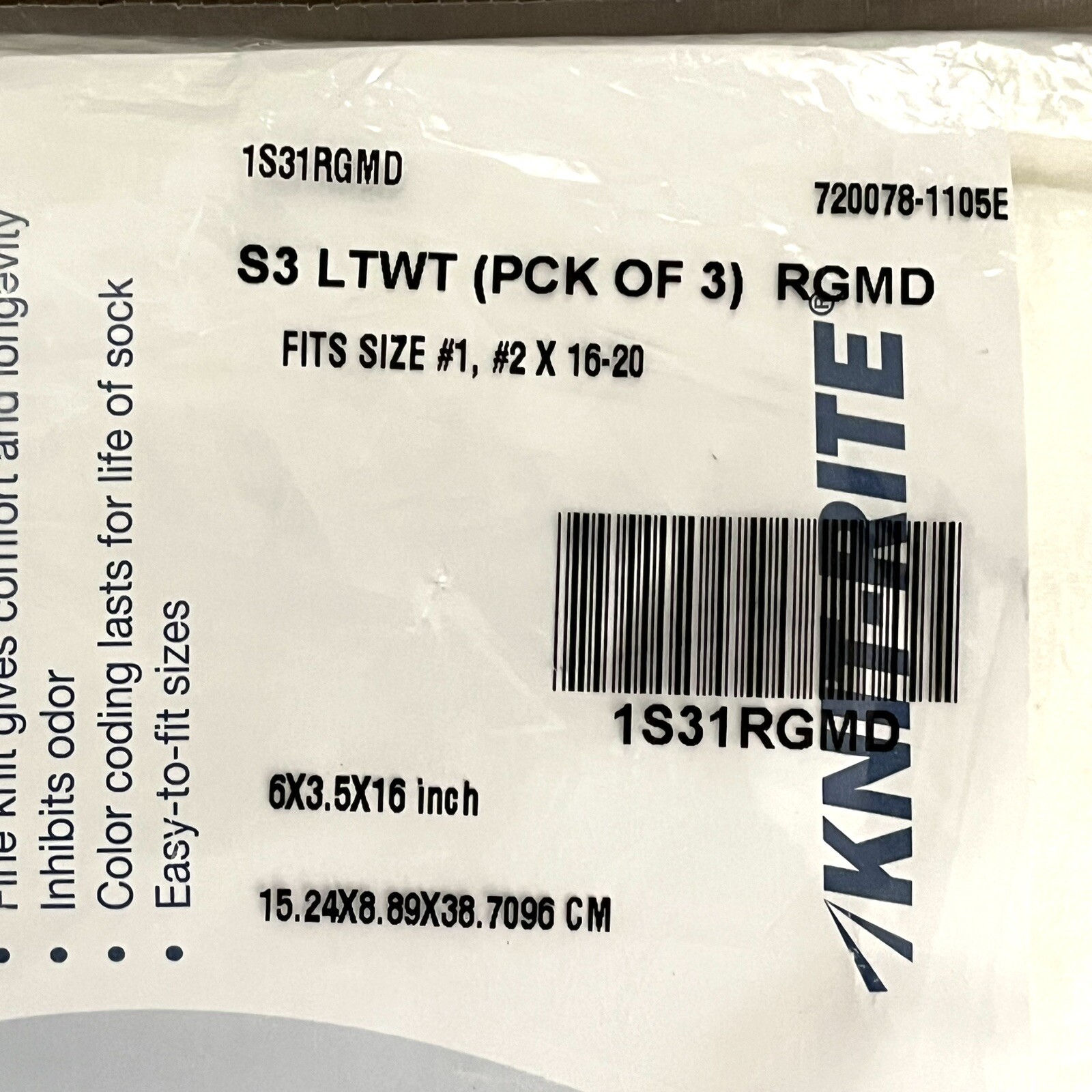 Knit-Rite Prosthetic Soft White Sock 1, 2 16″-20″ LTWT 1S31RGMD S3 (PCK 3) New