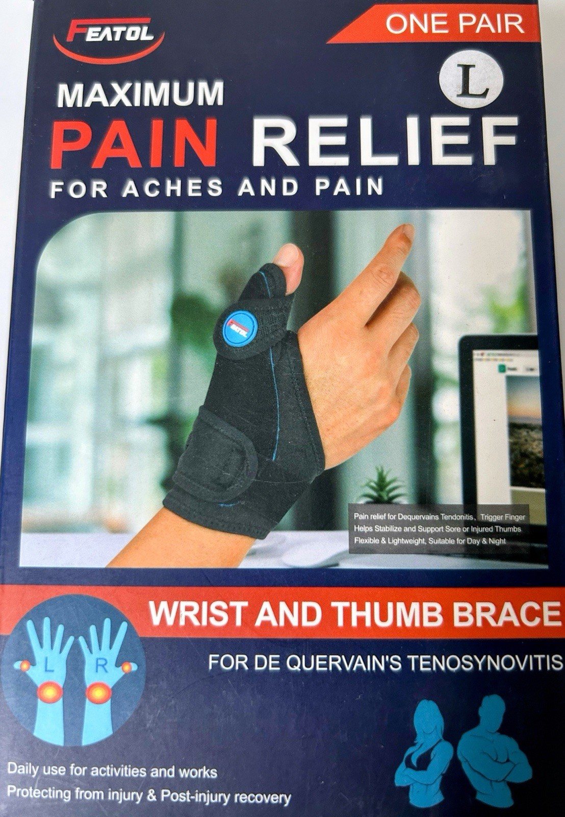 FEATOL Maximum Pain Relief for aches & pain Large wrist & thumb brace One Pair