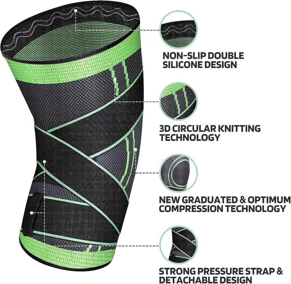 Professional Knee Sleeve Brace w Removable Adjustable Straps Unisex Green, Large